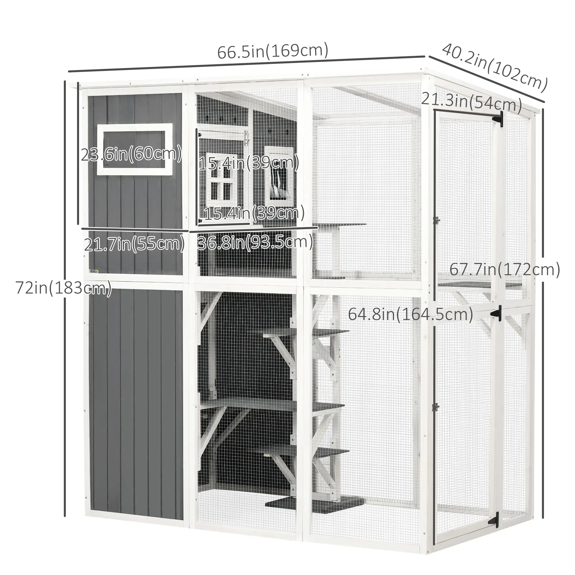 Wooden Cat Catio, 66.5"L Outdoor Cat House, PVC Roof, Multiple Platforms - Image 3