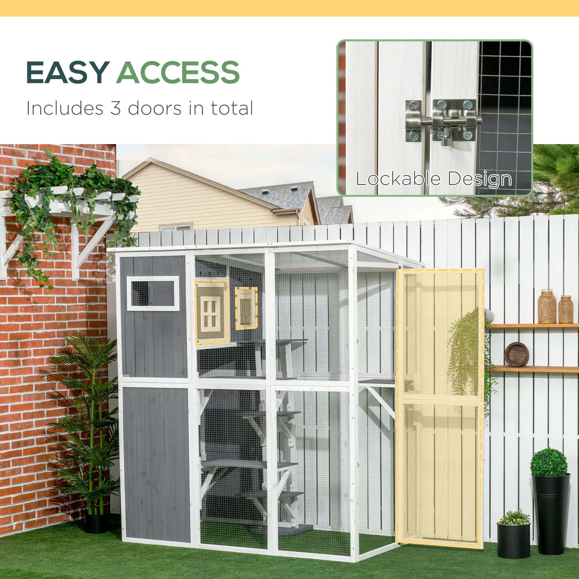 Wooden Cat Catio, 66.5"L Outdoor Cat House, PVC Roof, Multiple Platforms - Image 6