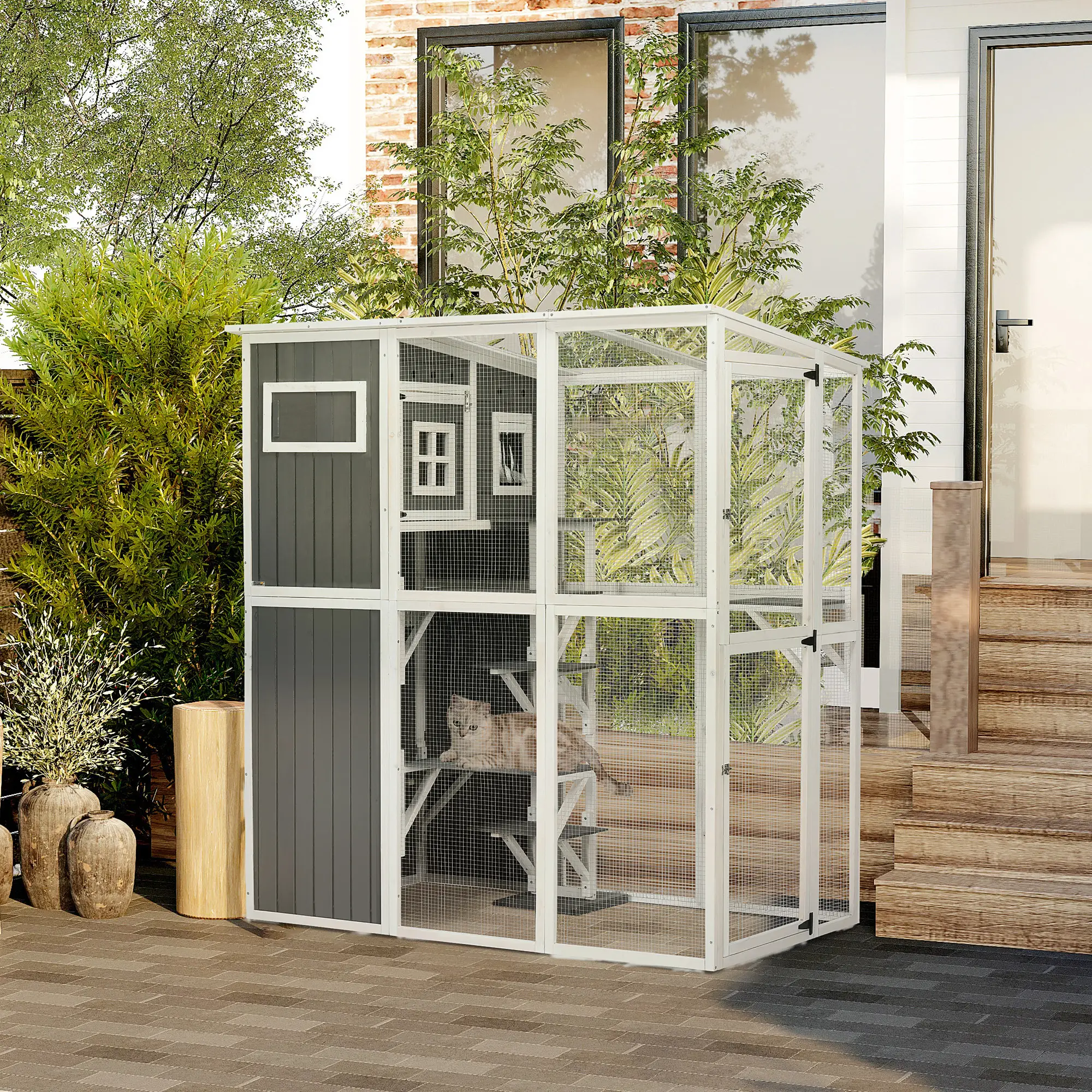 Wooden Cat Catio, 66.5"L Outdoor Cat House, PVC Roof, Multiple Platforms - Image 8