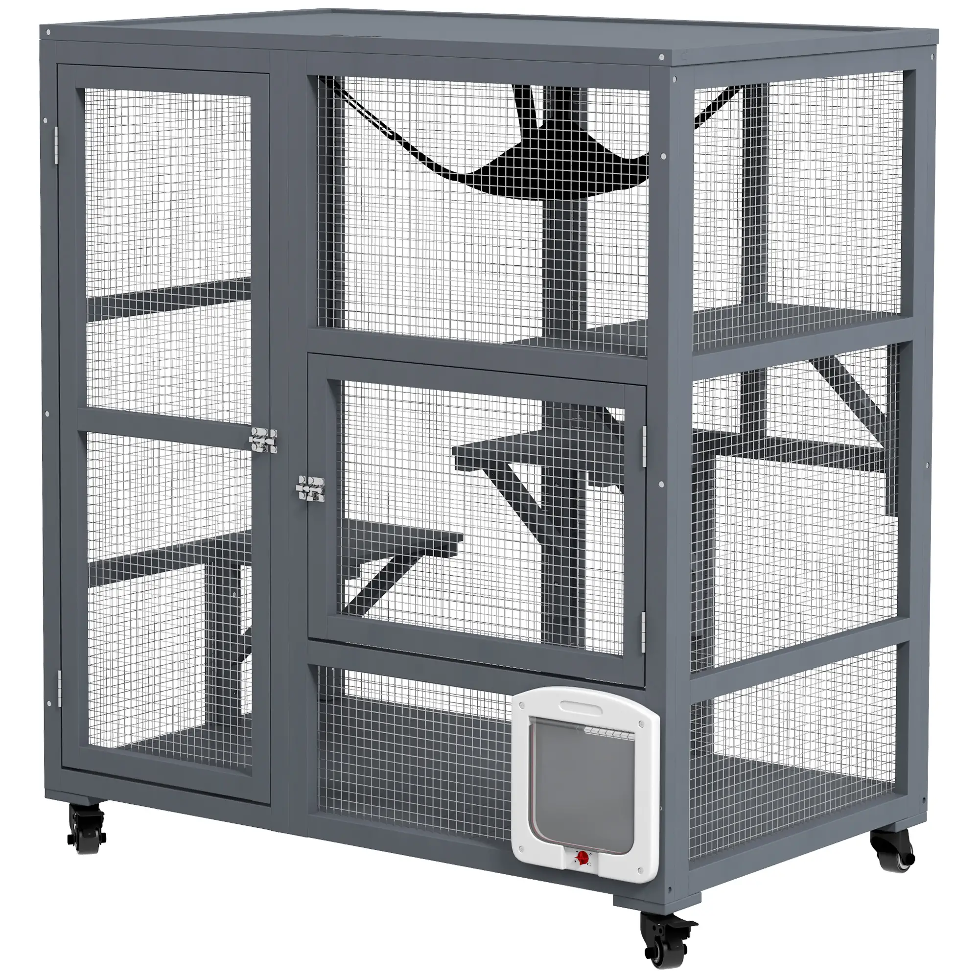 Wooden Cat Condo on Wheels, Cat Flap Door, Hammock, Light Grey