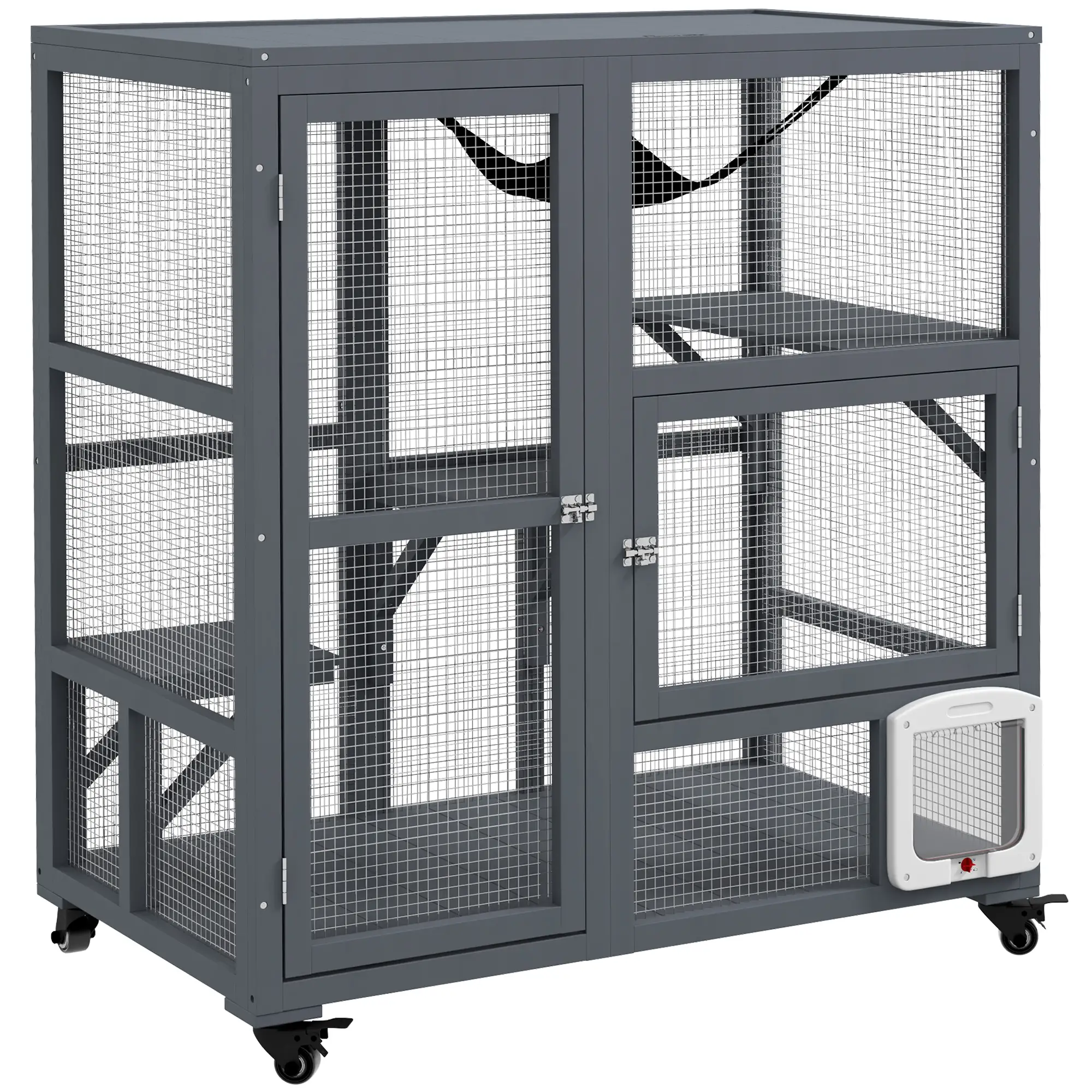 Wooden Cat Condo on Wheels, Cat Flap Door, Hammock, Light Grey - Image 11