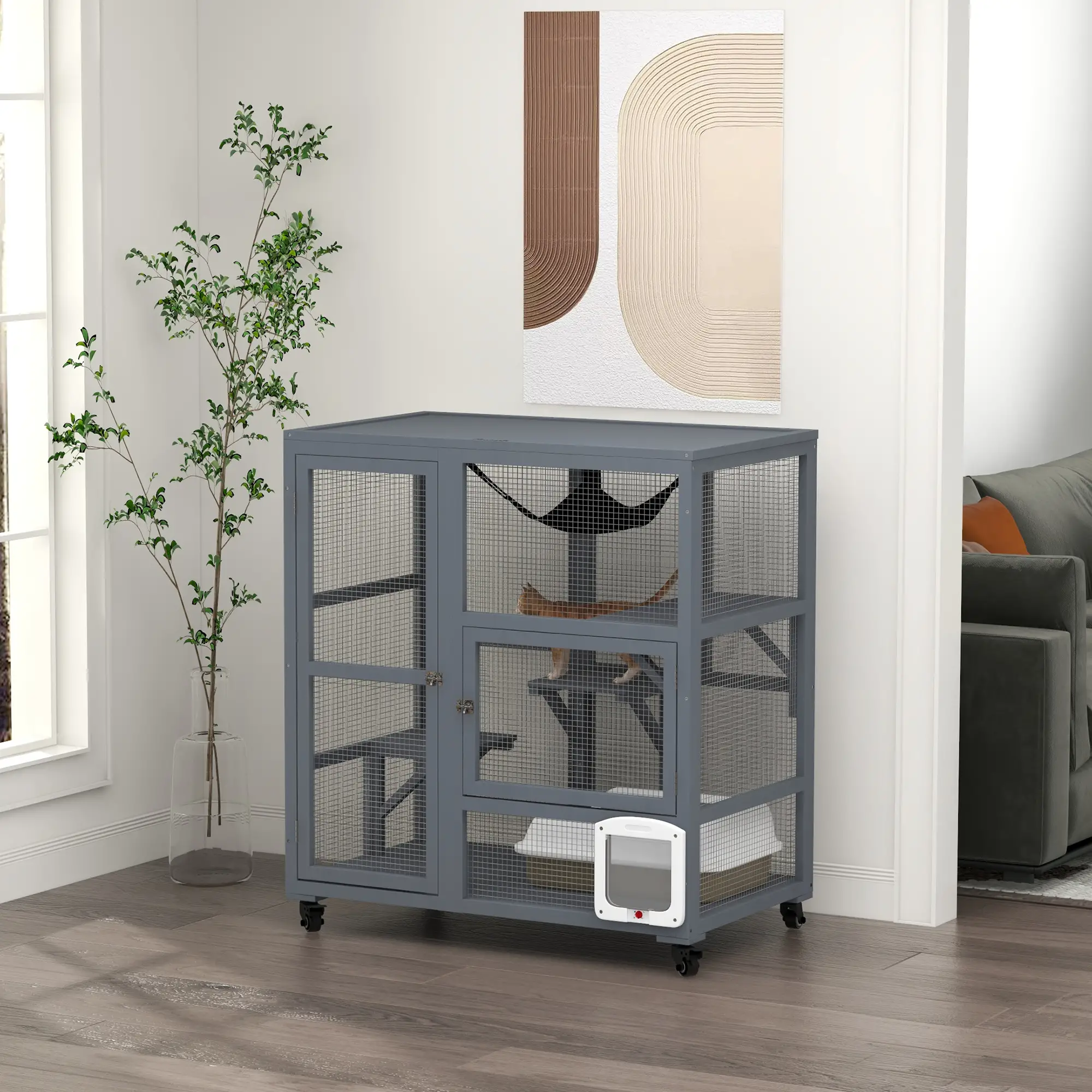 Wooden Cat Condo on Wheels, Cat Flap Door, Hammock, Light Grey - Image 2