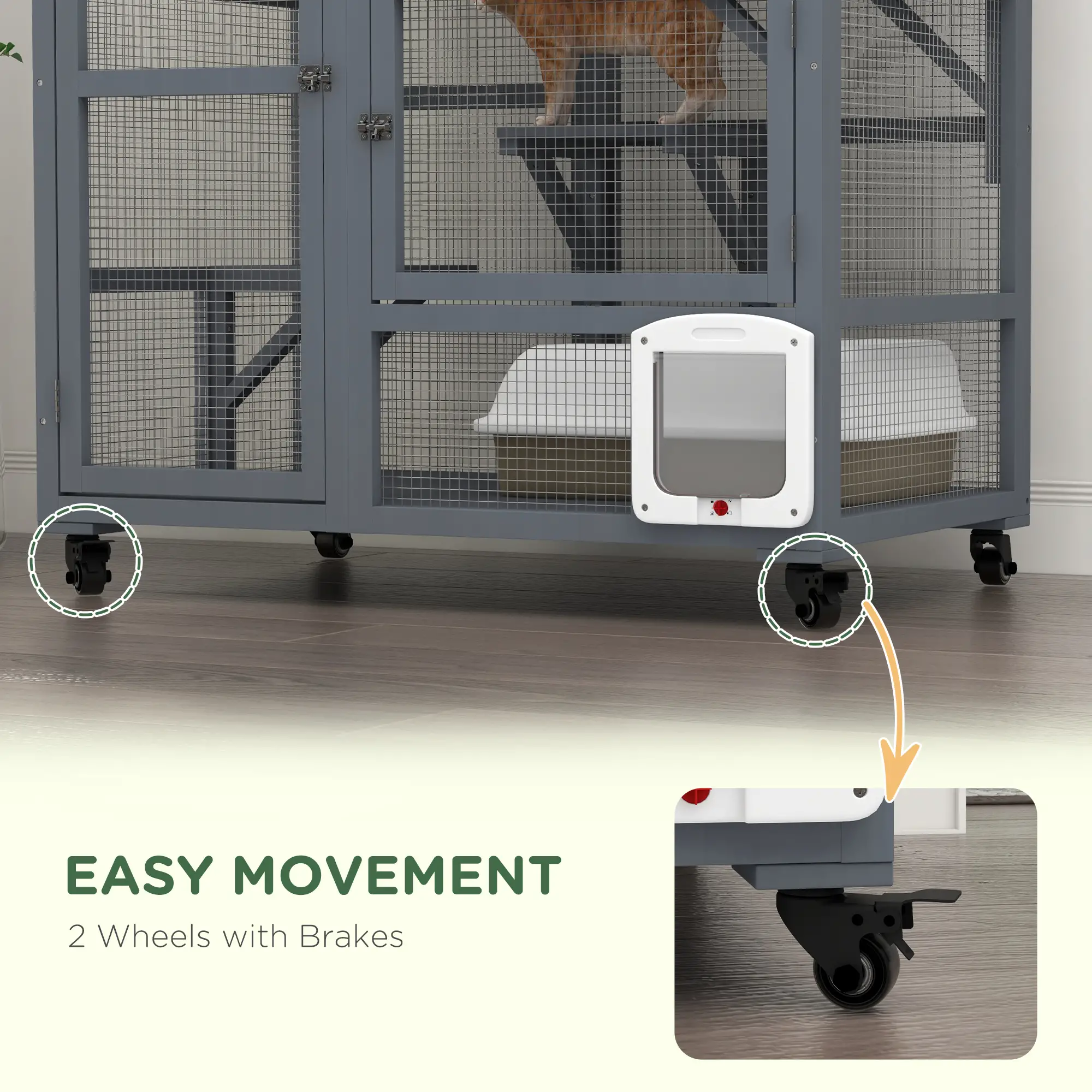 Wooden Cat Condo on Wheels, Cat Flap Door, Hammock, Light Grey - Image 5