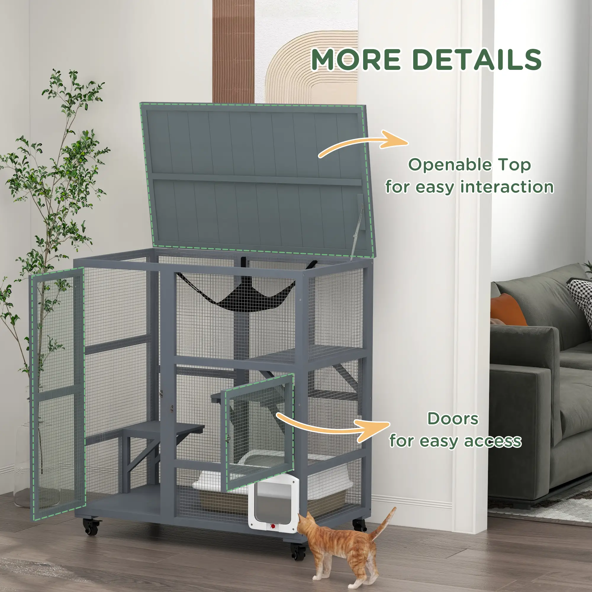 Wooden Cat Condo on Wheels, Cat Flap Door, Hammock, Light Grey - Image 7