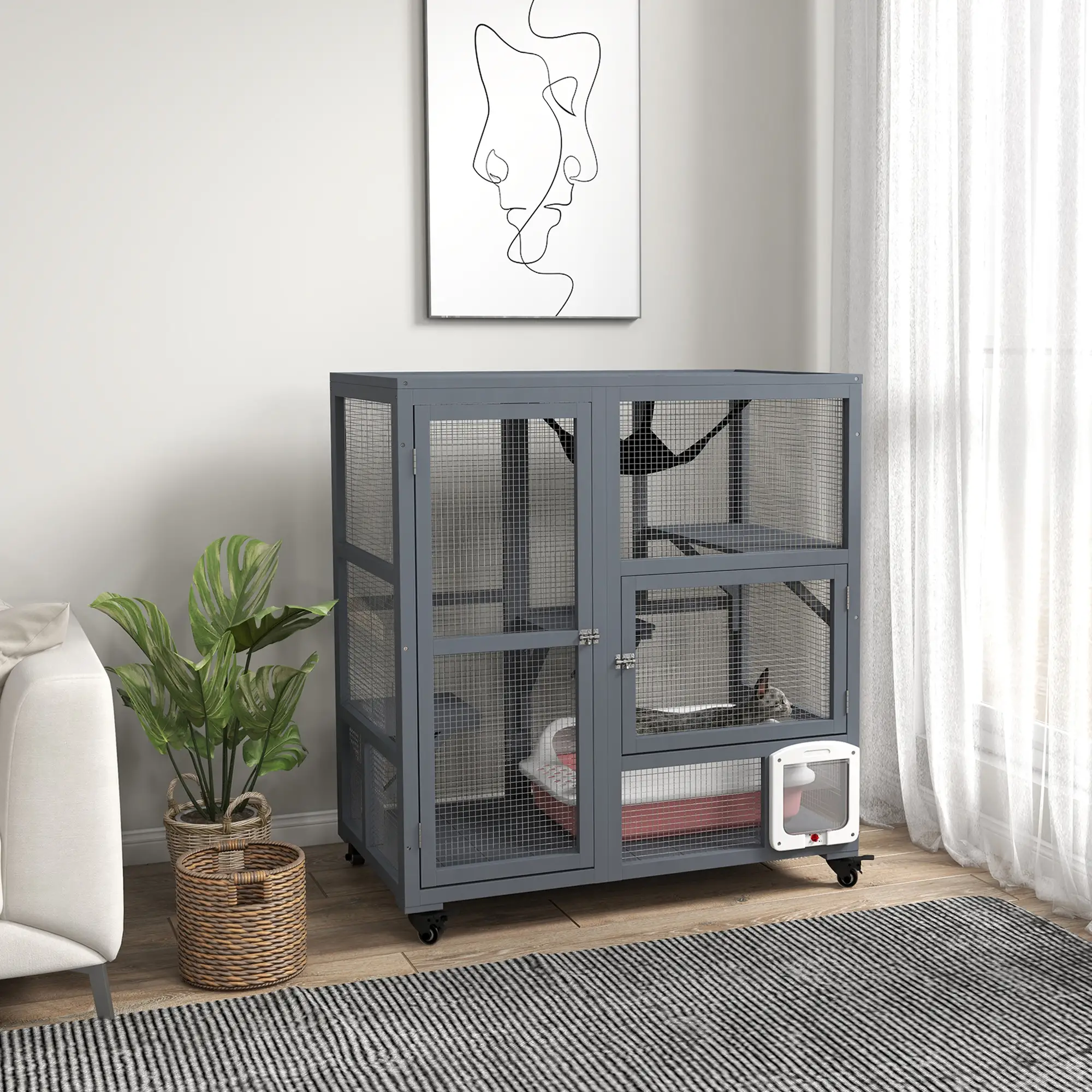 Wooden Cat Condo on Wheels, Cat Flap Door, Hammock, Light Grey - Image 8