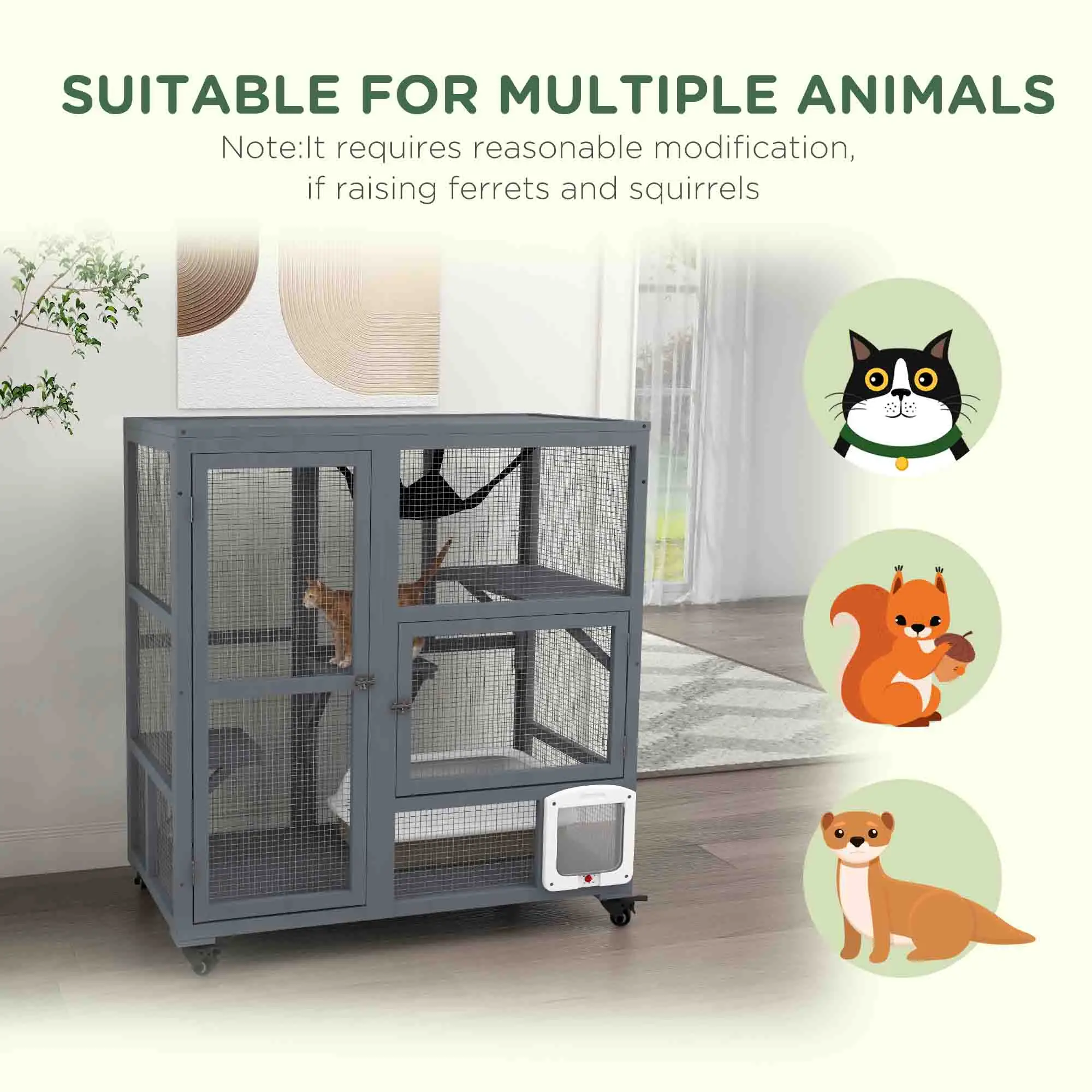 Wooden Cat Condo on Wheels, Cat Flap Door, Hammock, Light Grey - Image 9