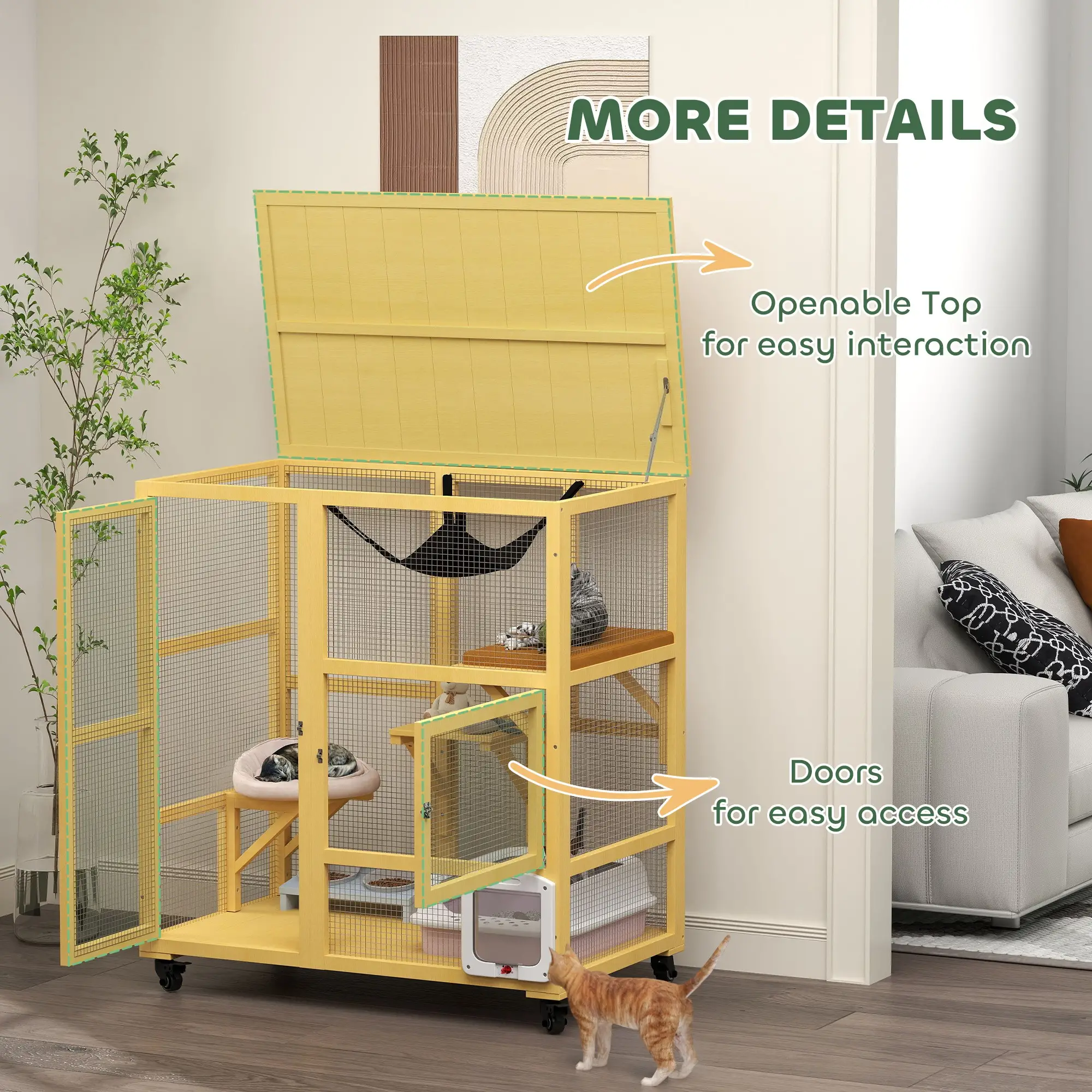 Wooden Cat Condo on Wheels, Cat Flap Door, Hammock, Openable Top, 2 Cats, Yellow - Image 7
