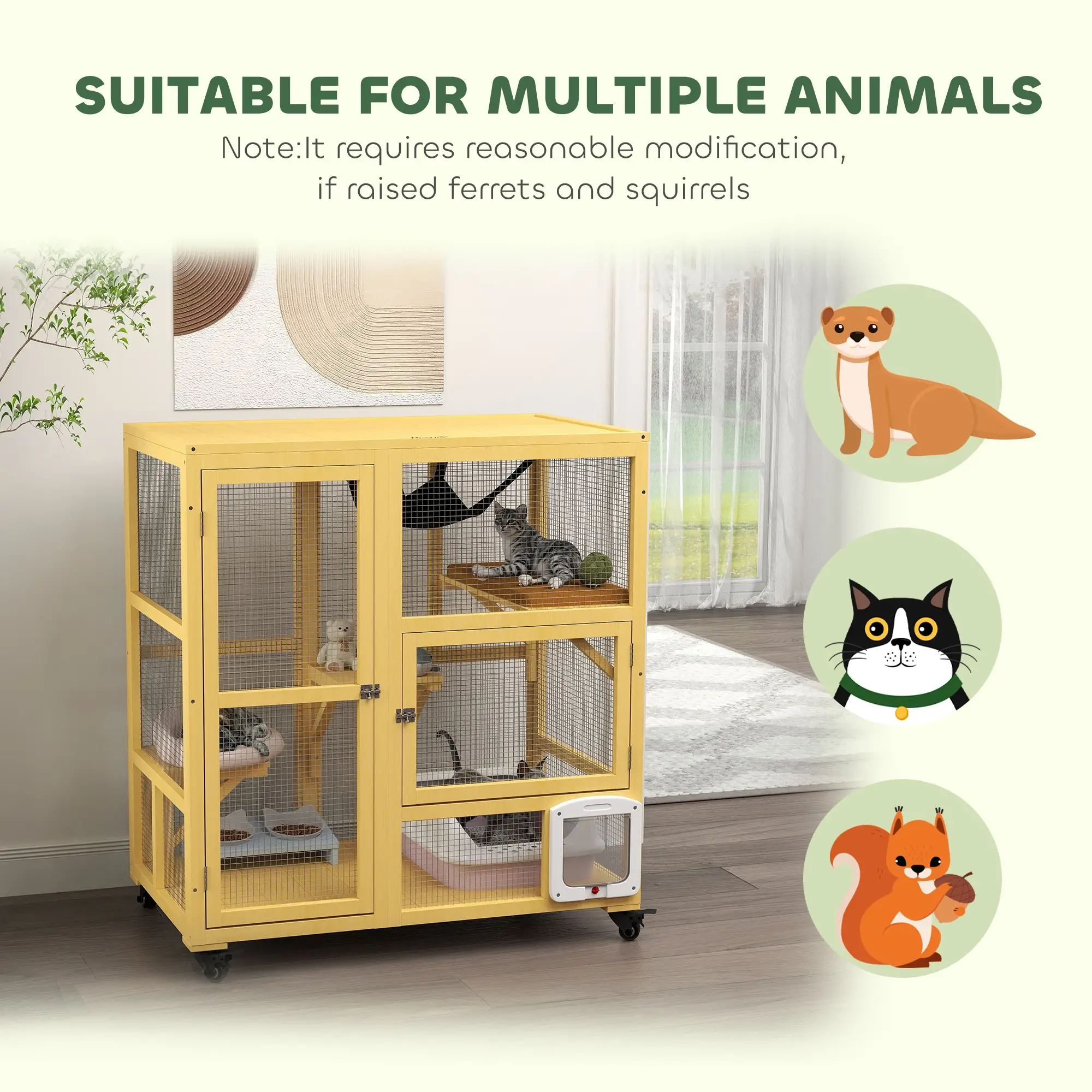 Wooden Cat Condo on Wheels, Cat Flap Door, Hammock, Openable Top, 2 Cats, Yellow - Image 9