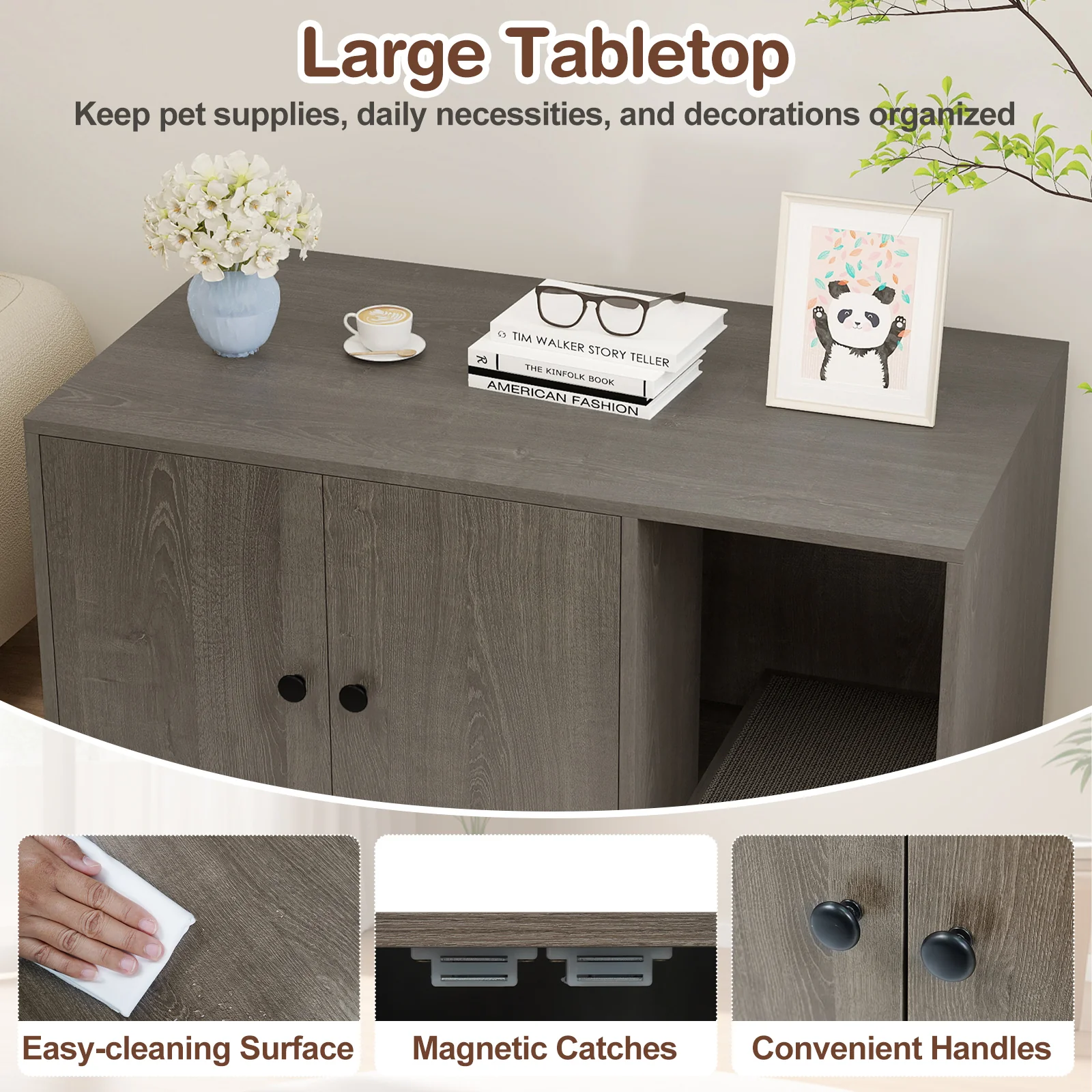 Wooden Cat Litter Box Enclosure Hidden Litter Box Furniture with Scratching Board, Oak - Image 10