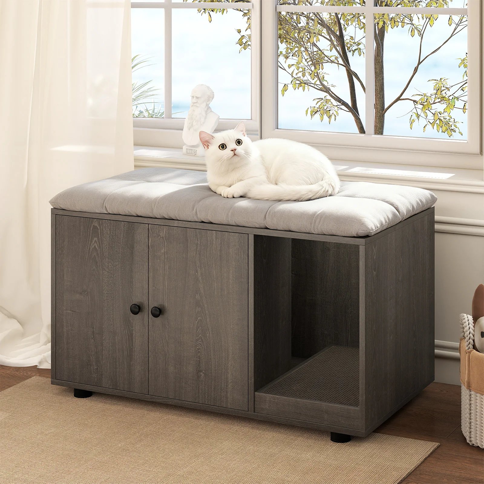 Wooden Cat Litter Box Enclosure Hidden Litter Box Furniture with Scratching Board, Oak - Image 2