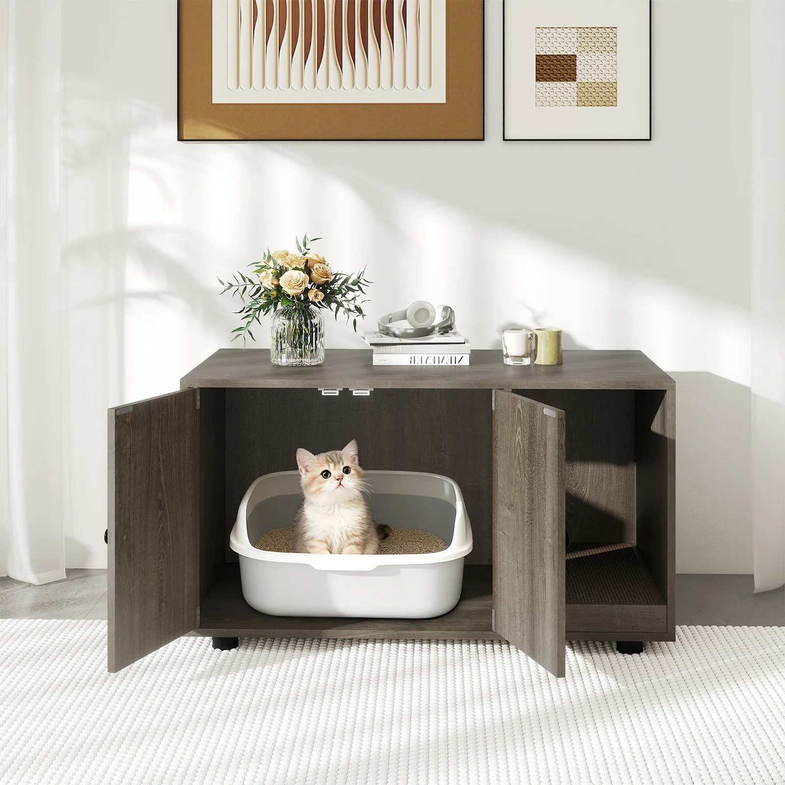 Wooden Cat Litter Box Enclosure Hidden Litter Box Furniture with Scratching Board, Oak - Image 3