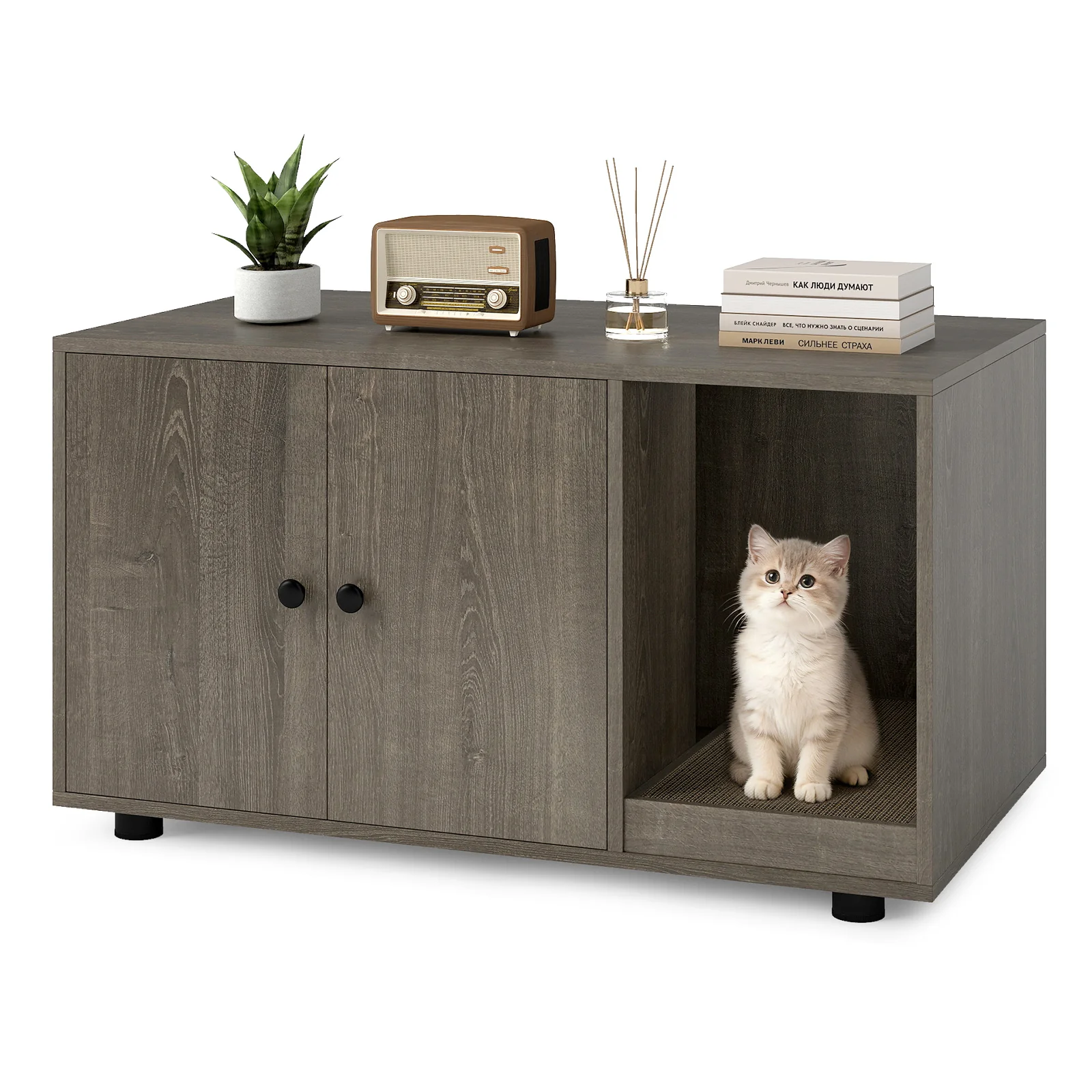 Wooden Cat Litter Box Enclosure Hidden Litter Box Furniture with Scratching Board, Oak - Image 4