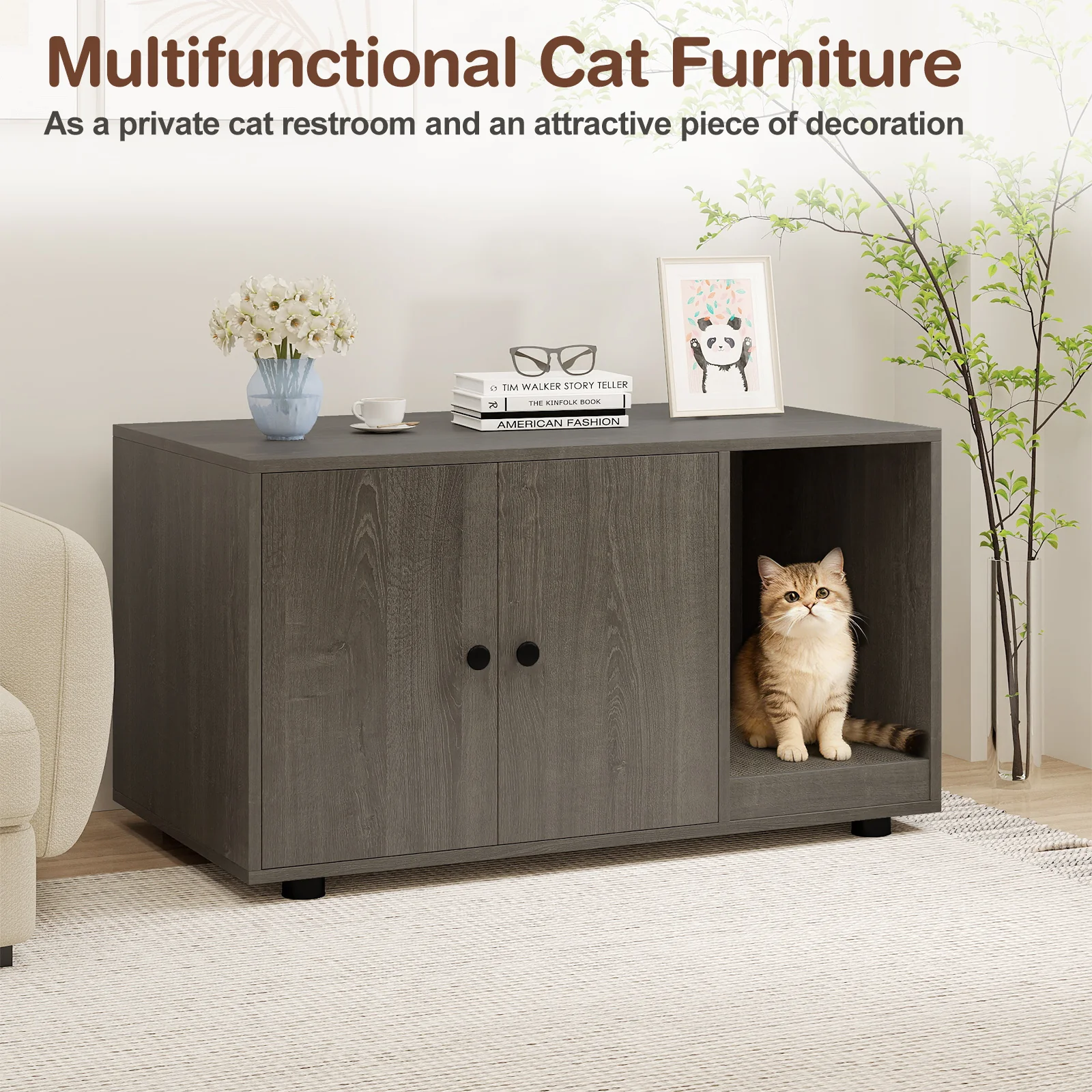 Wooden Cat Litter Box Enclosure Hidden Litter Box Furniture with Scratching Board, Oak - Image 6