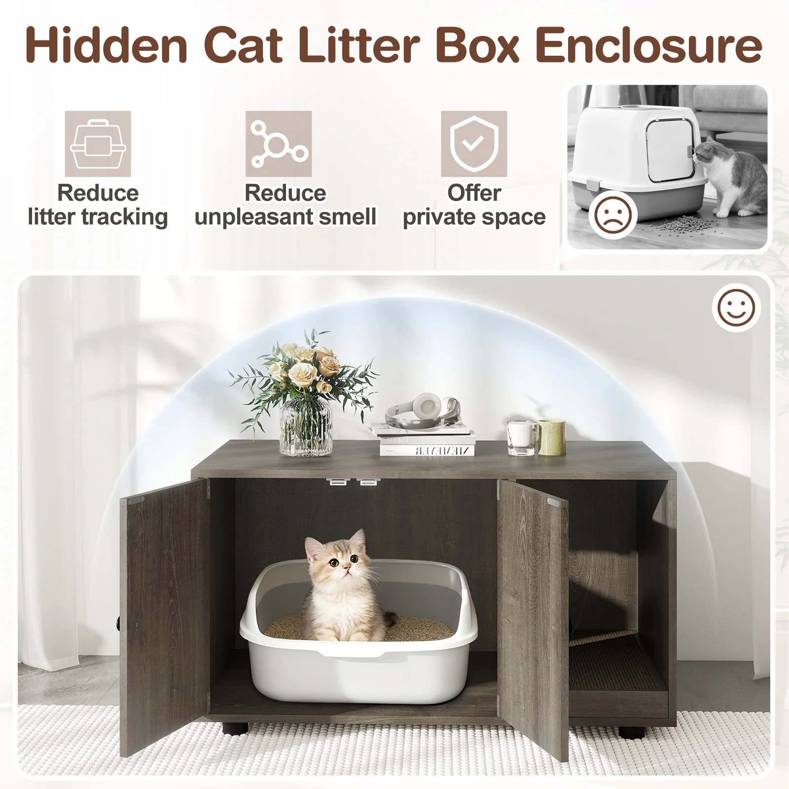 Wooden Cat Litter Box Enclosure Hidden Litter Box Furniture with Scratching Board, Oak - Image 7