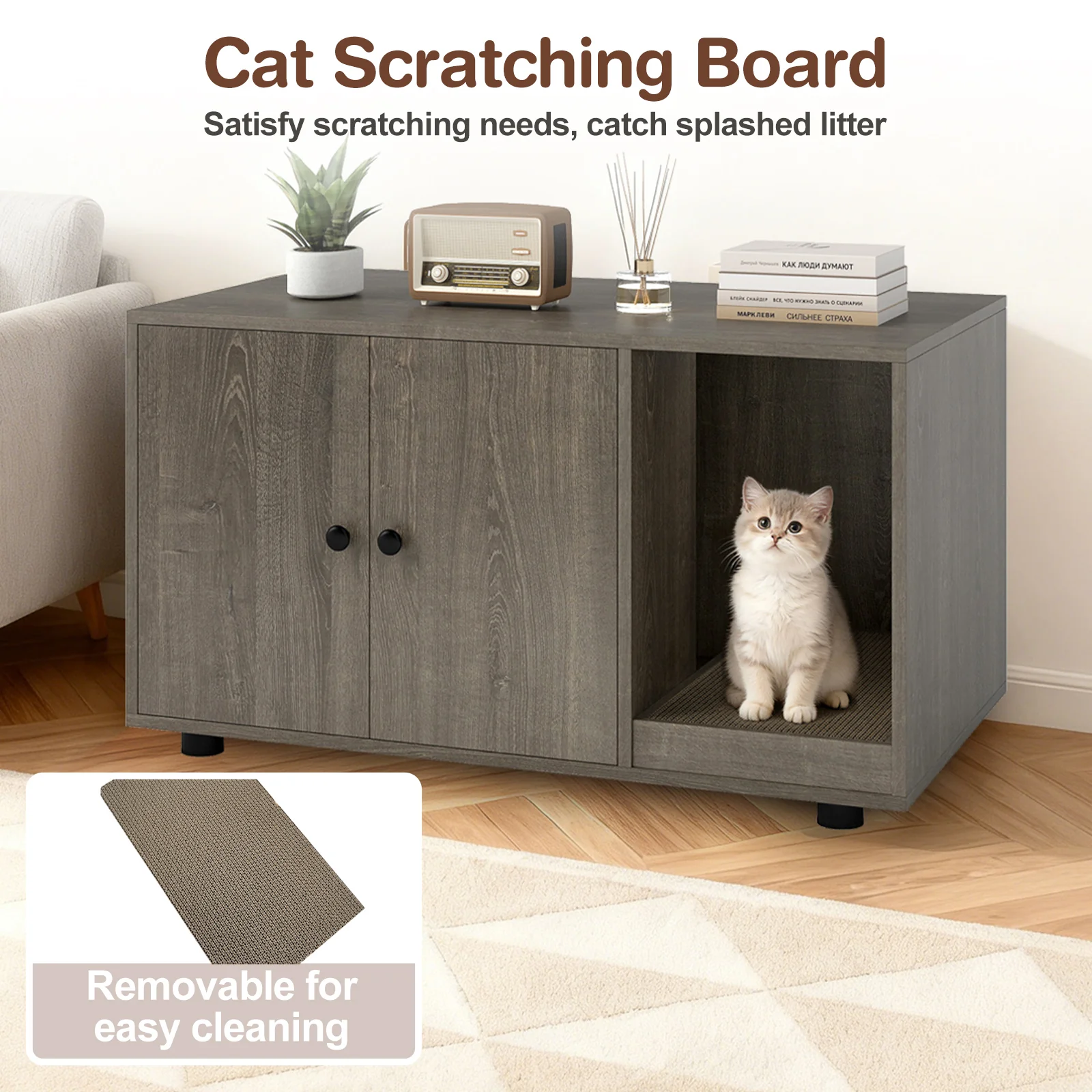 Wooden Cat Litter Box Enclosure Hidden Litter Box Furniture with Scratching Board, Oak - Image 8