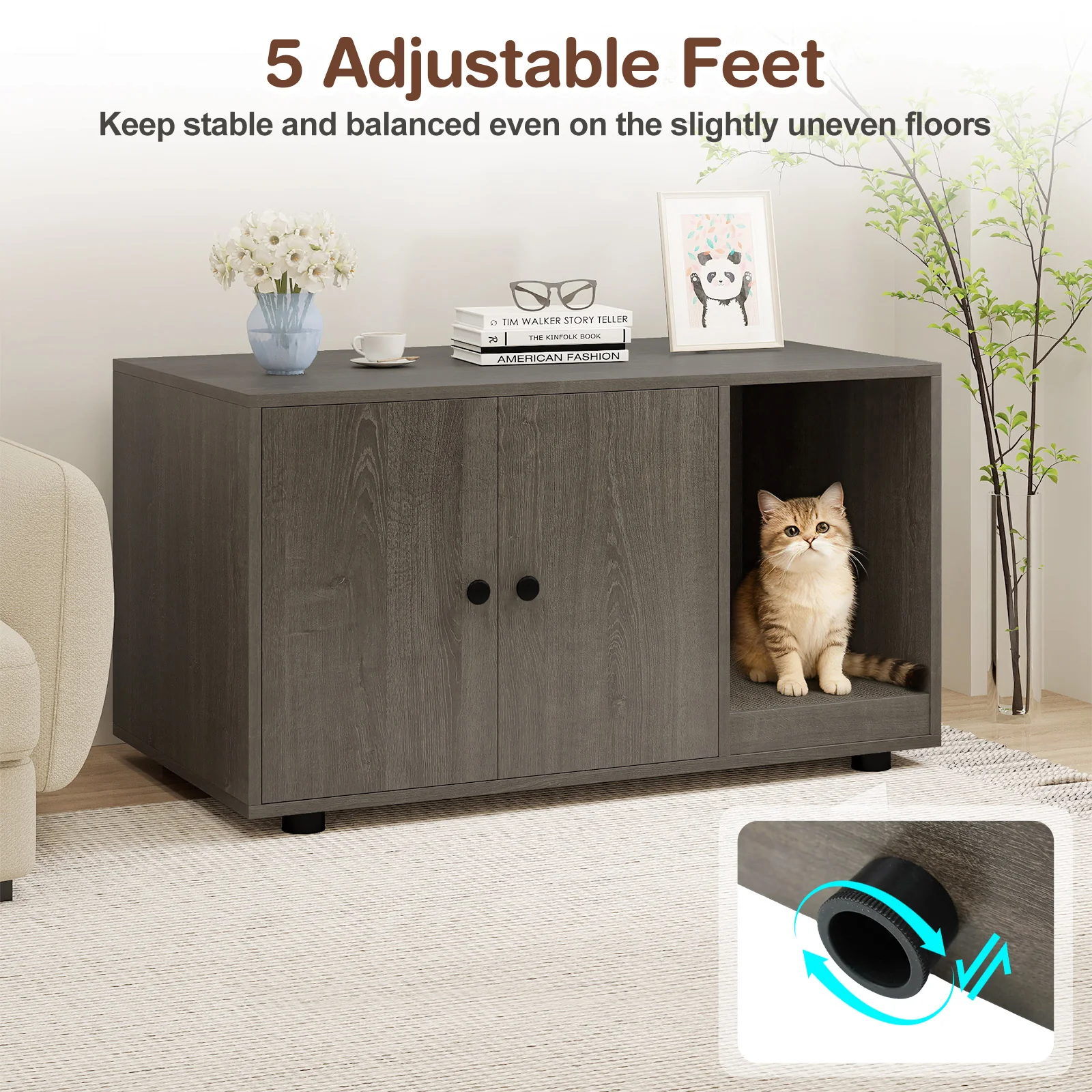 Wooden Cat Litter Box Enclosure Hidden Litter Box Furniture with Scratching Board, Oak - Image 9