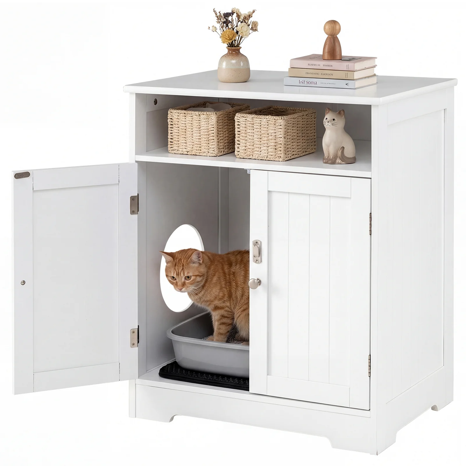 Wooden Cat Litter Box Enclosure, Hidden Pet Washroom Furniture, White
