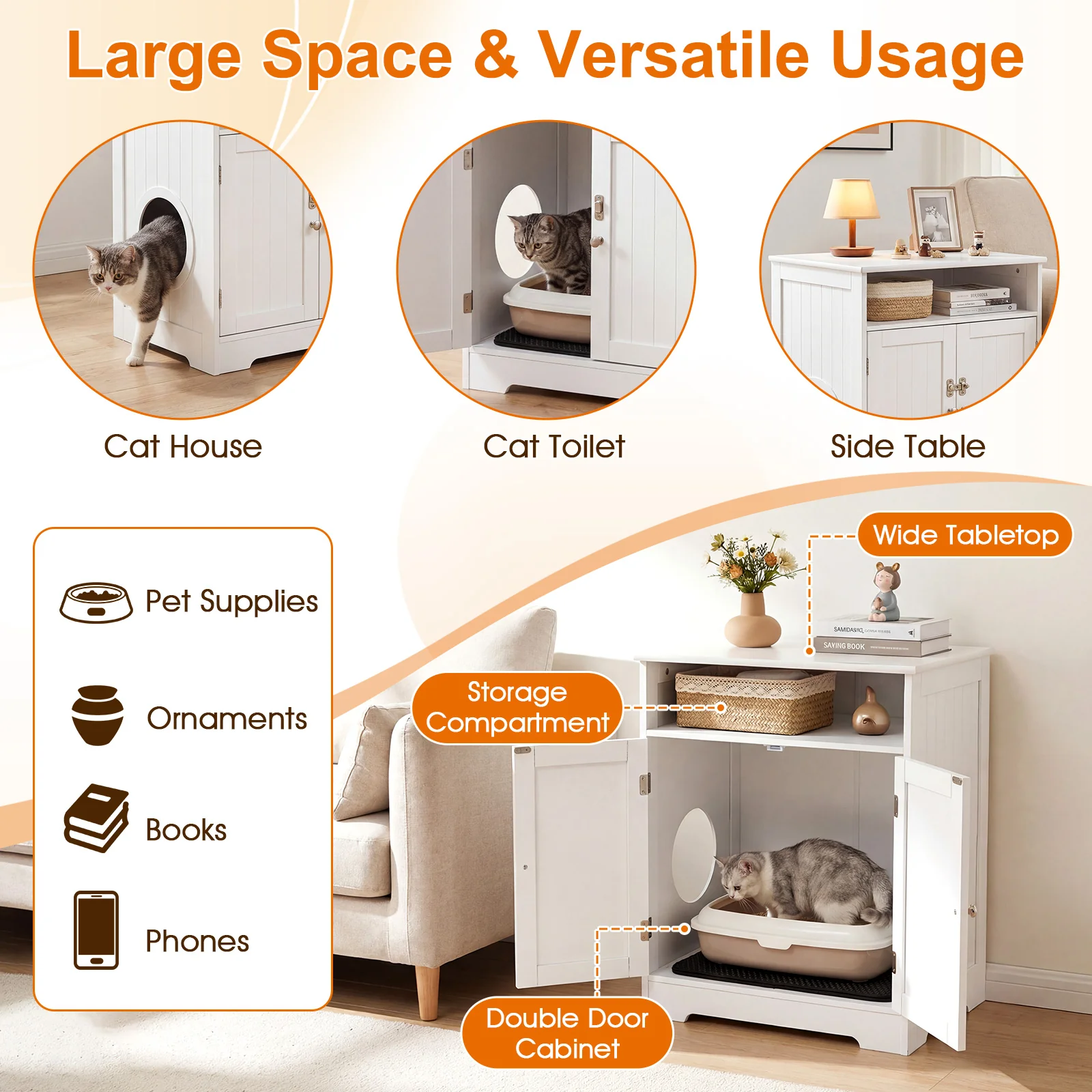 Wooden Cat Litter Box Enclosure, Hidden Pet Washroom Furniture, White - Image 10