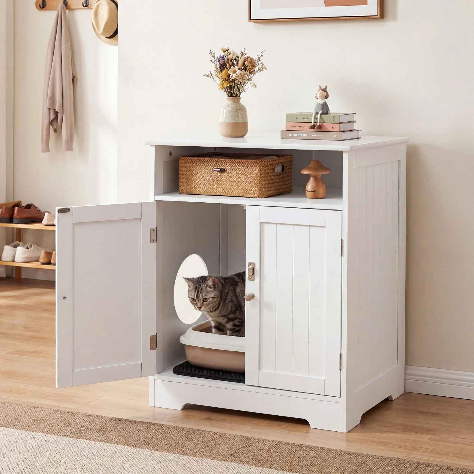 Wooden Cat Litter Box Enclosure, Hidden Pet Washroom Furniture, White - Image 2
