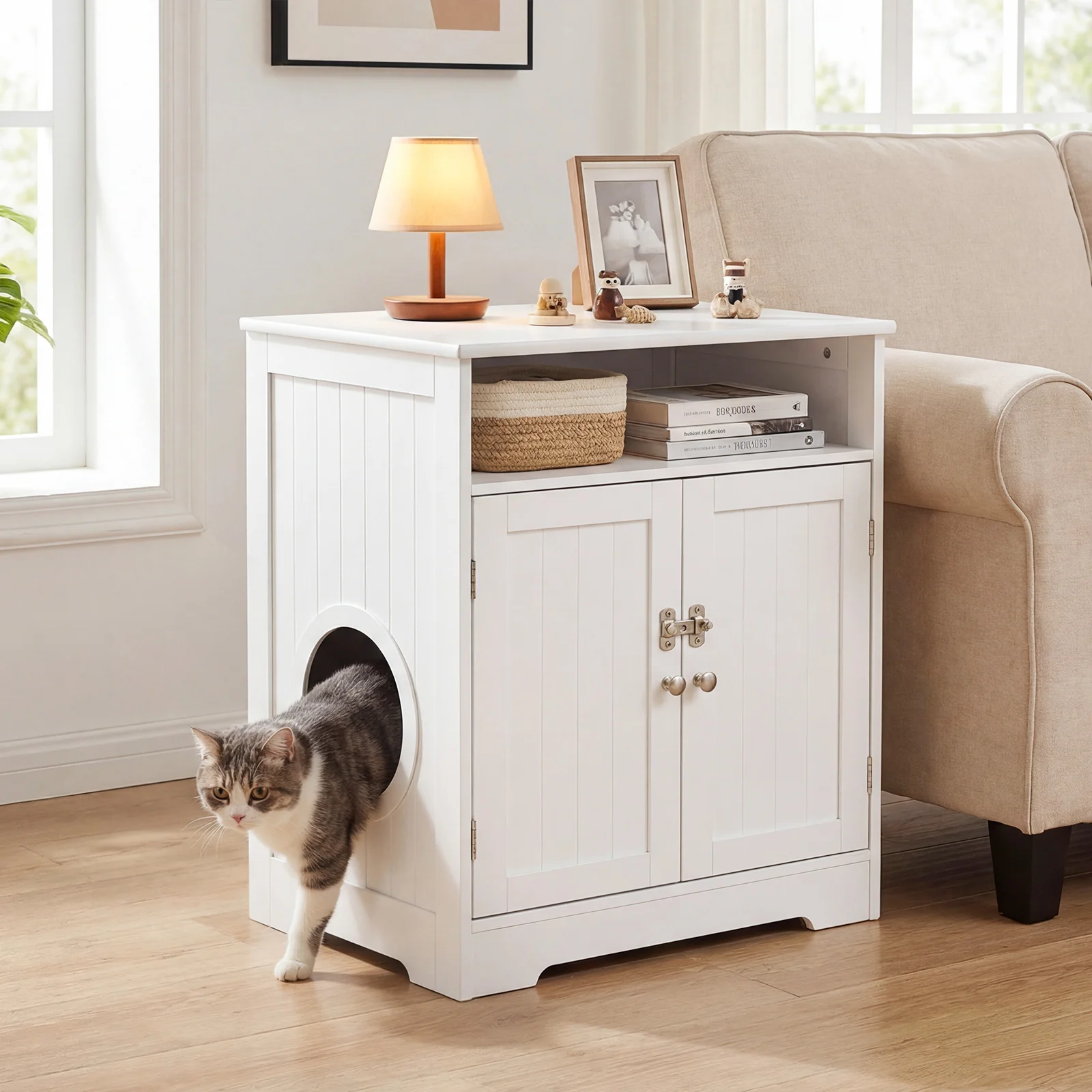 Wooden Cat Litter Box Enclosure, Hidden Pet Washroom Furniture, White - Image 3