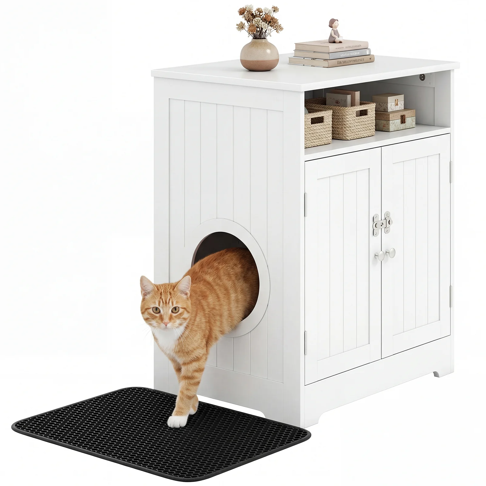 Wooden Cat Litter Box Enclosure, Hidden Pet Washroom Furniture, White - Image 5