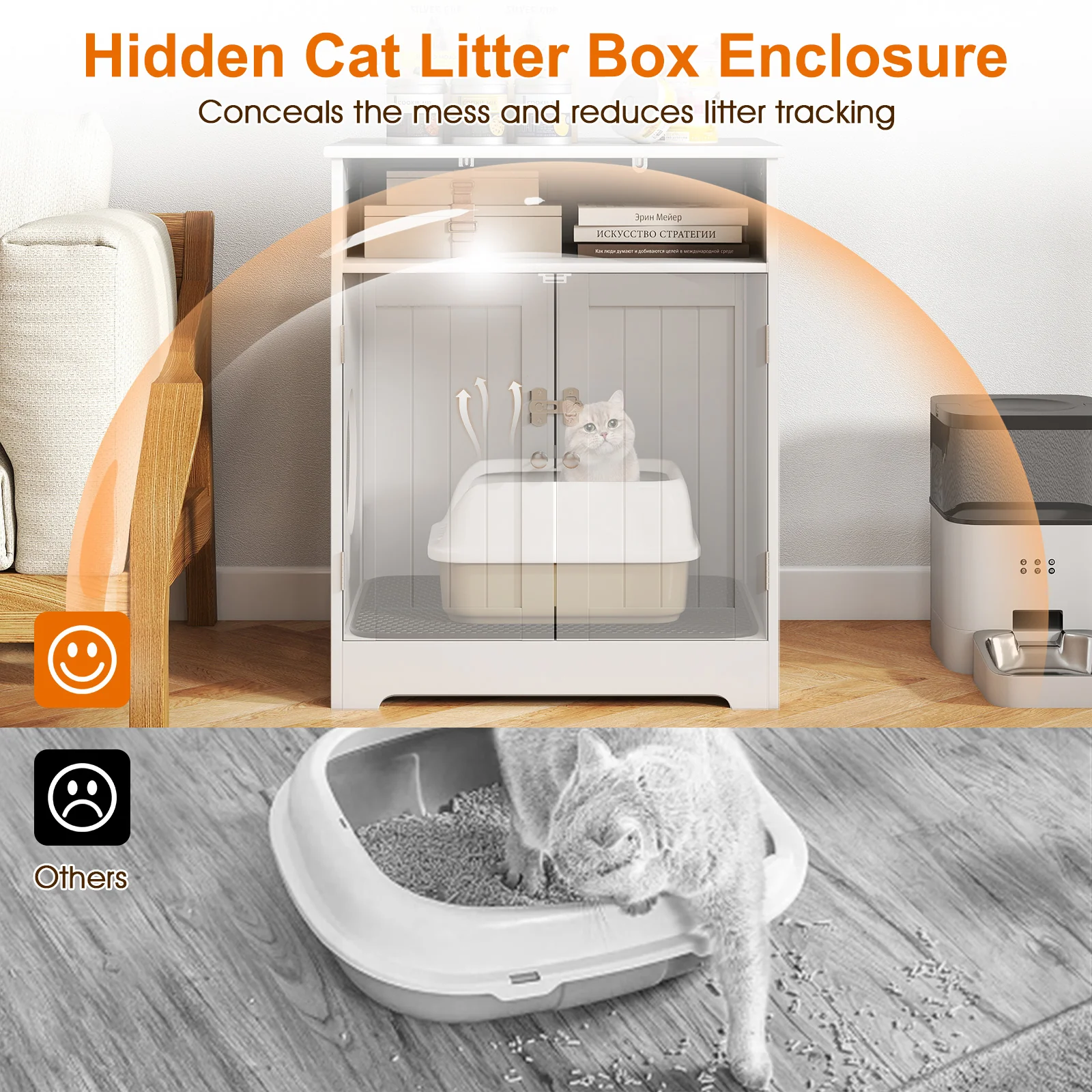 Wooden Cat Litter Box Enclosure, Hidden Pet Washroom Furniture, White - Image 8