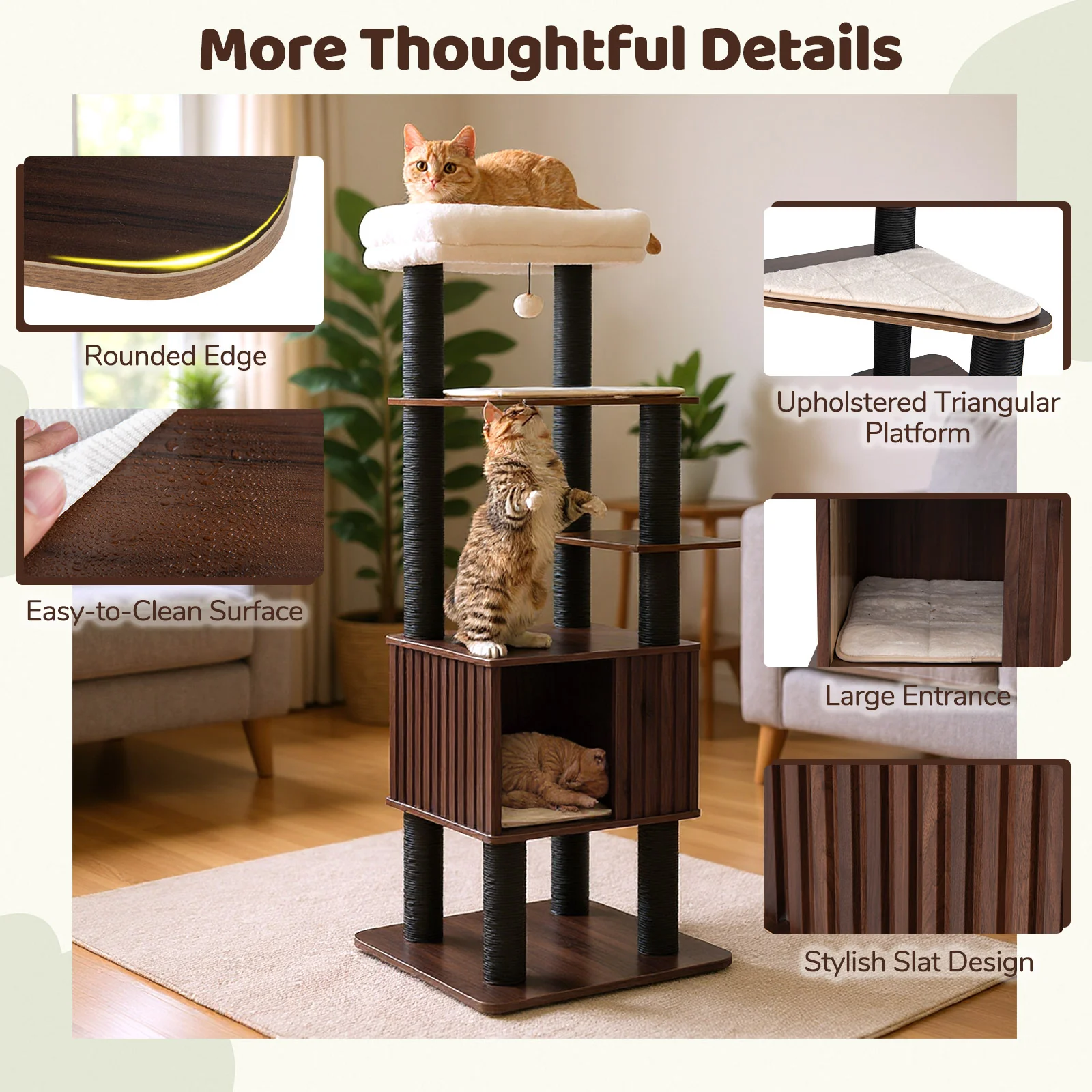 Wooden Cat Tower Top Perch with Soft Padding, Brown - Image 10