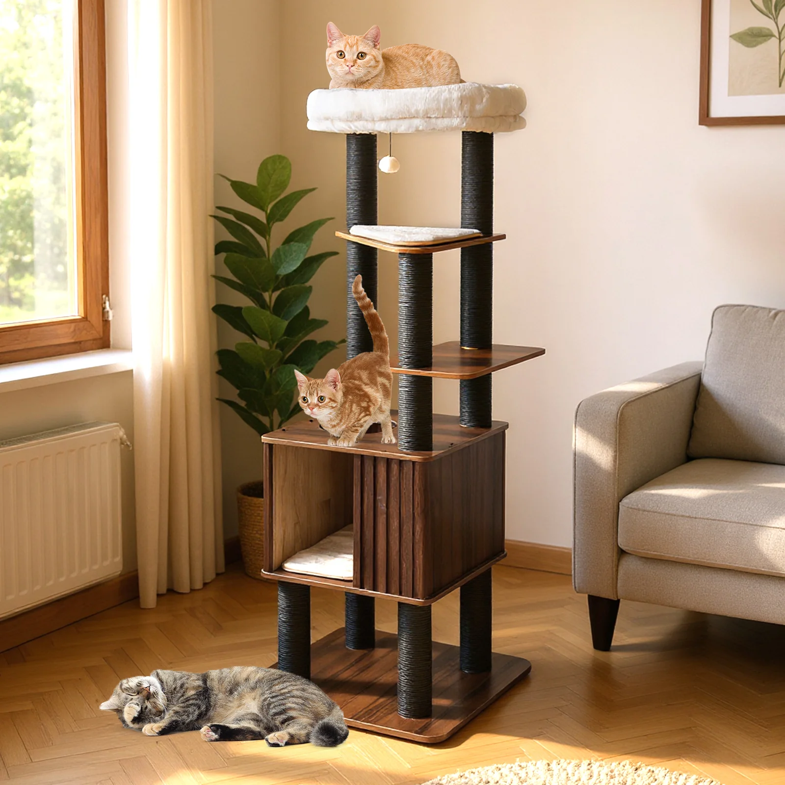 Wooden Cat Tower Top Perch with Soft Padding, Brown - Image 2