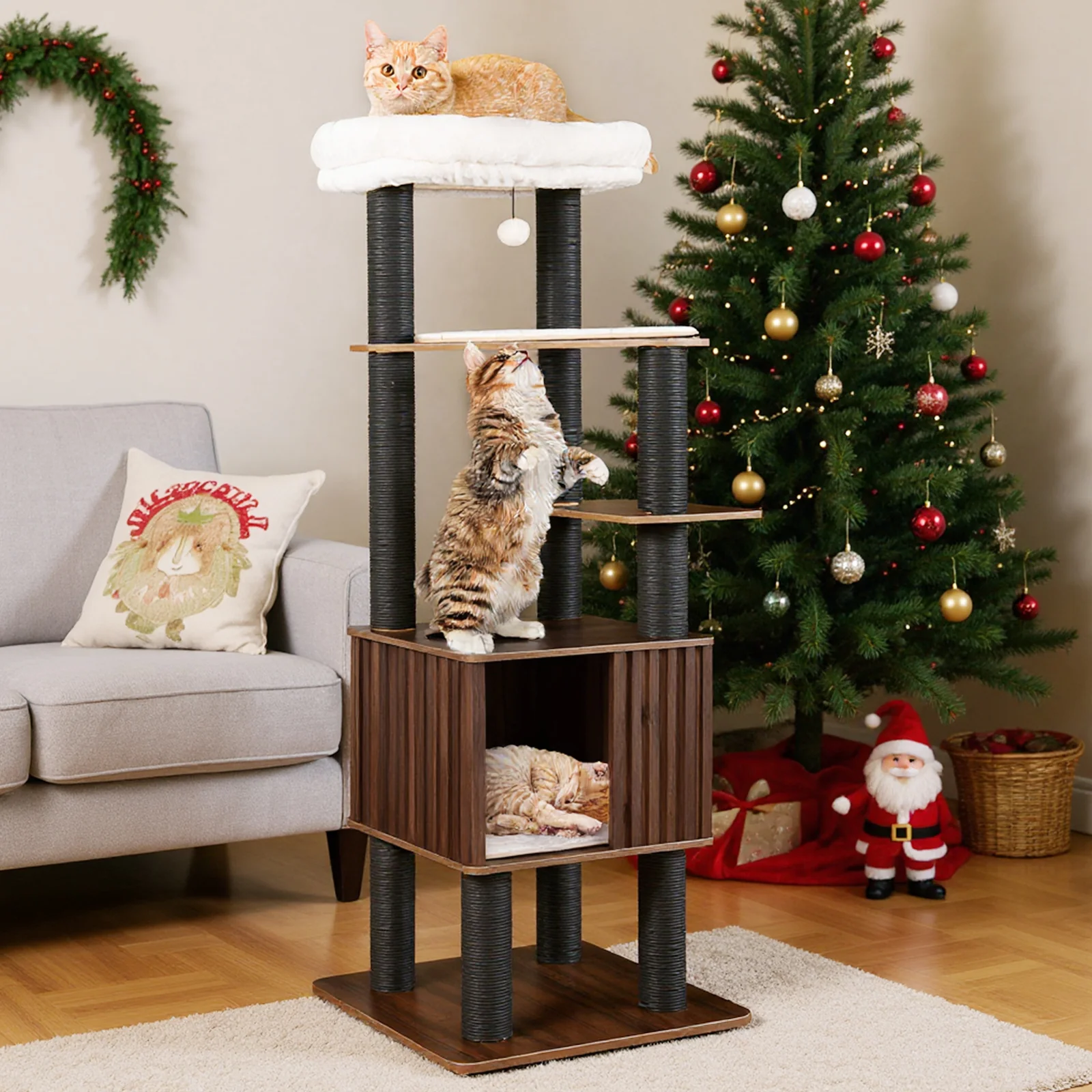 Wooden Cat Tower Top Perch with Soft Padding, Brown - Image 3
