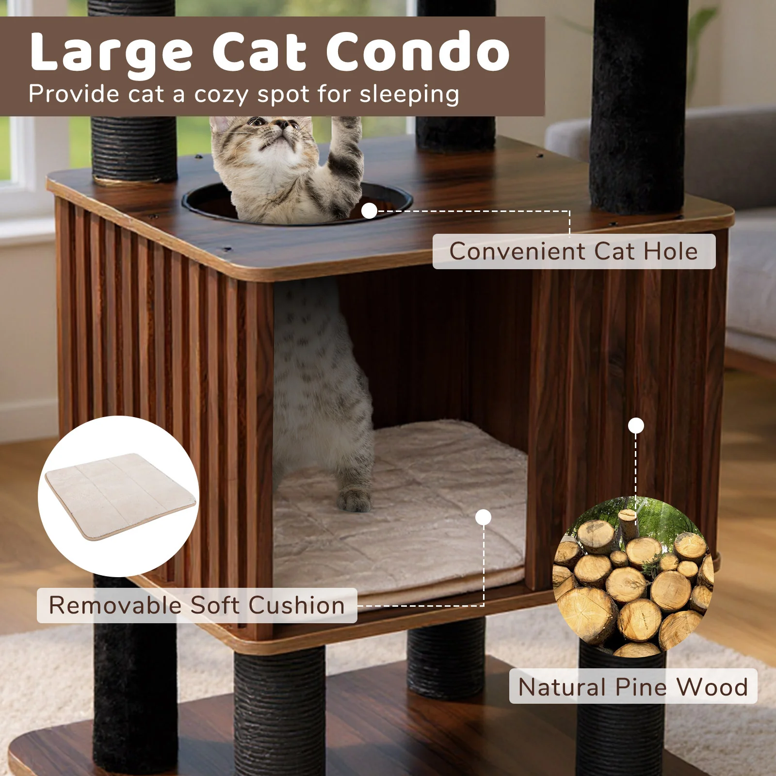 Wooden Cat Tower Top Perch with Soft Padding, Brown - Image 7