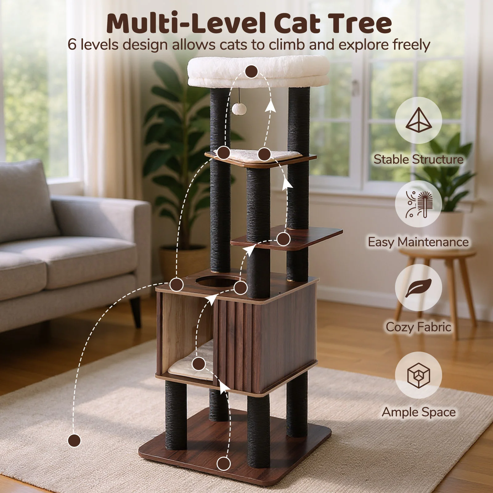 Wooden Cat Tower Top Perch with Soft Padding, Brown - Image 9