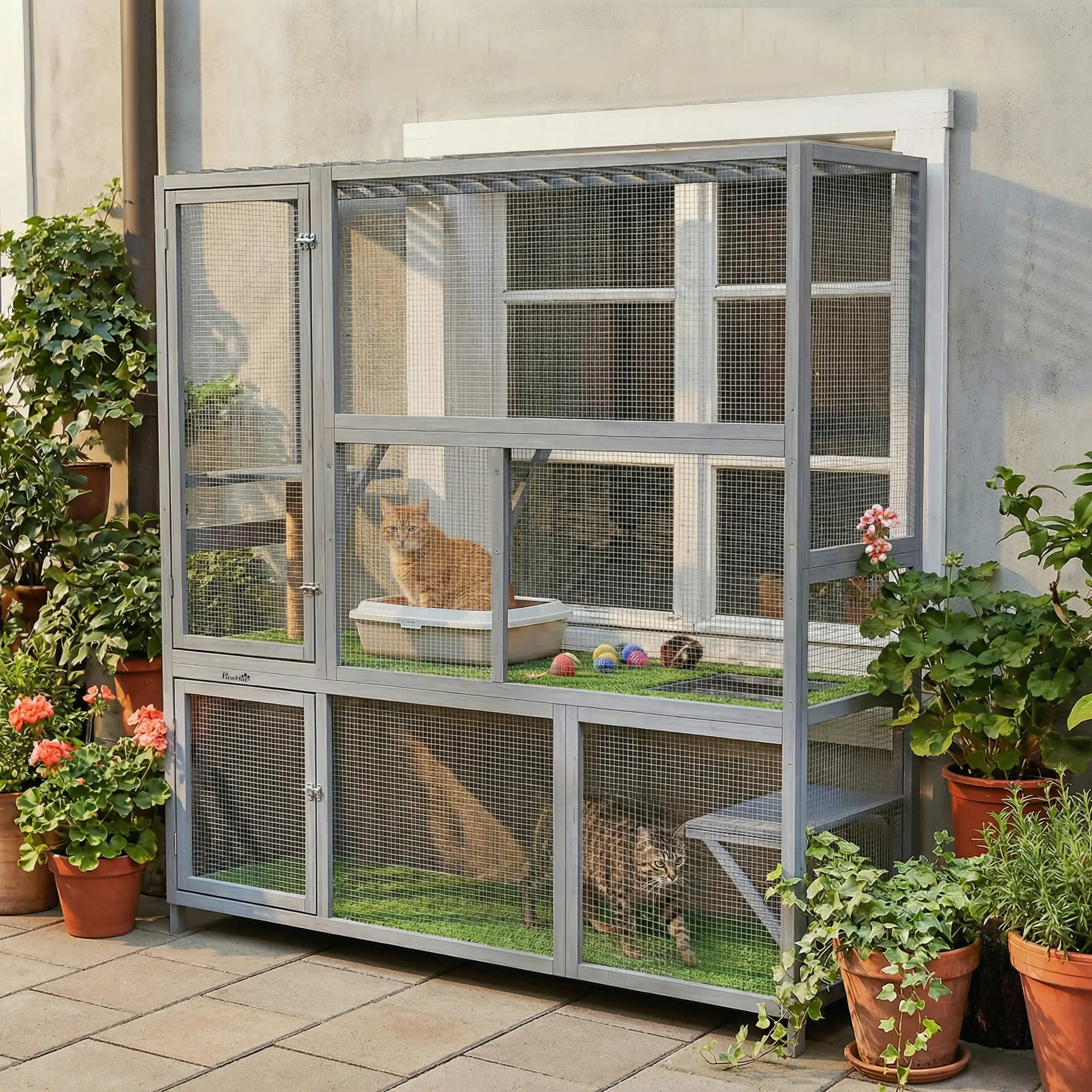 Wooden Catio, 77"H Cat House With Roof, Platforms, Scratching Post - Image 2