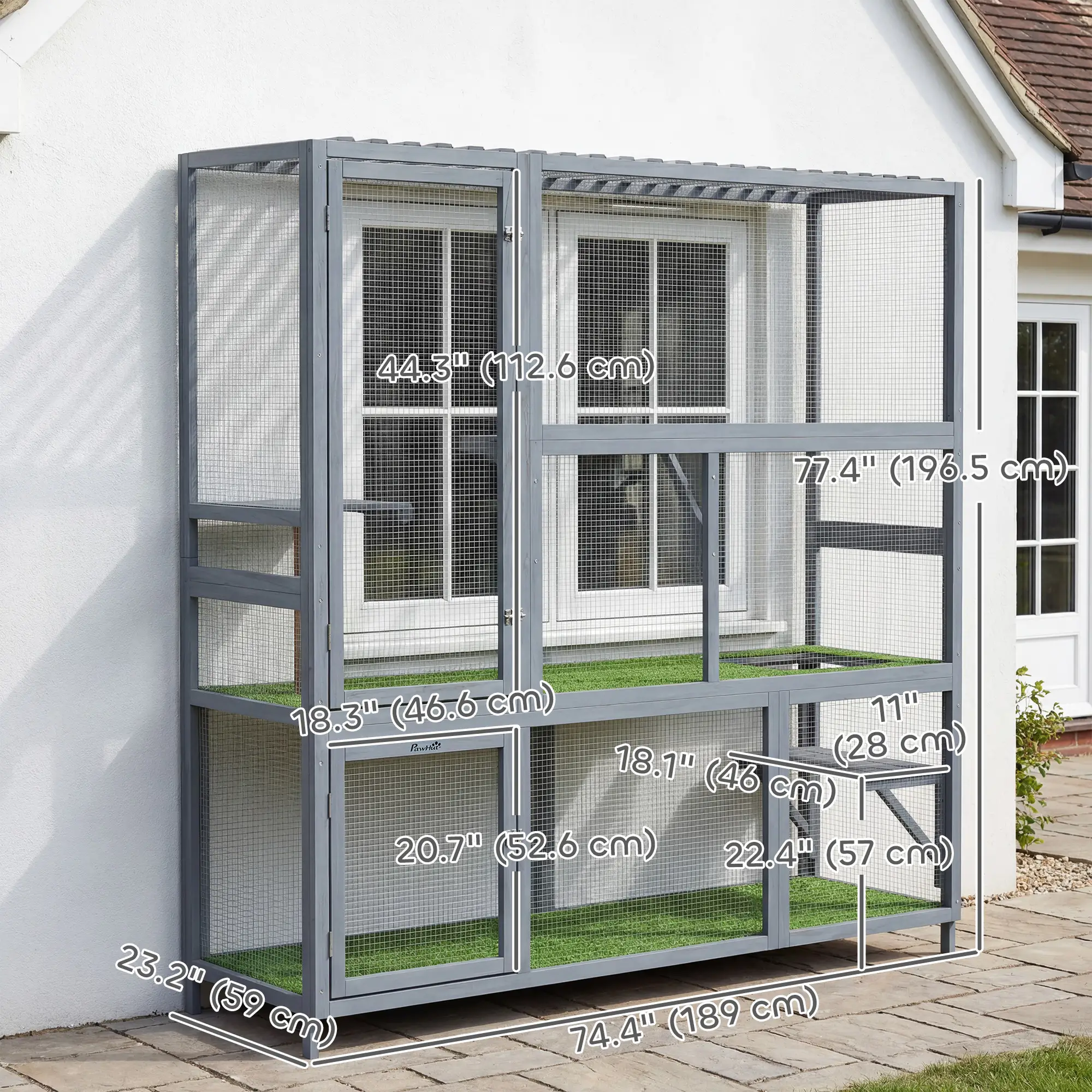 Wooden Catio, 77"H Cat House With Roof, Platforms, Scratching Post - Image 3