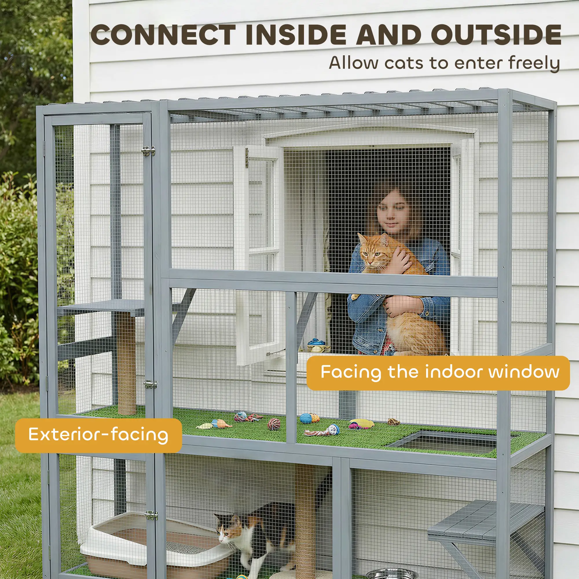 Wooden Catio, 77"H Cat House With Roof, Platforms, Scratching Post - Image 4