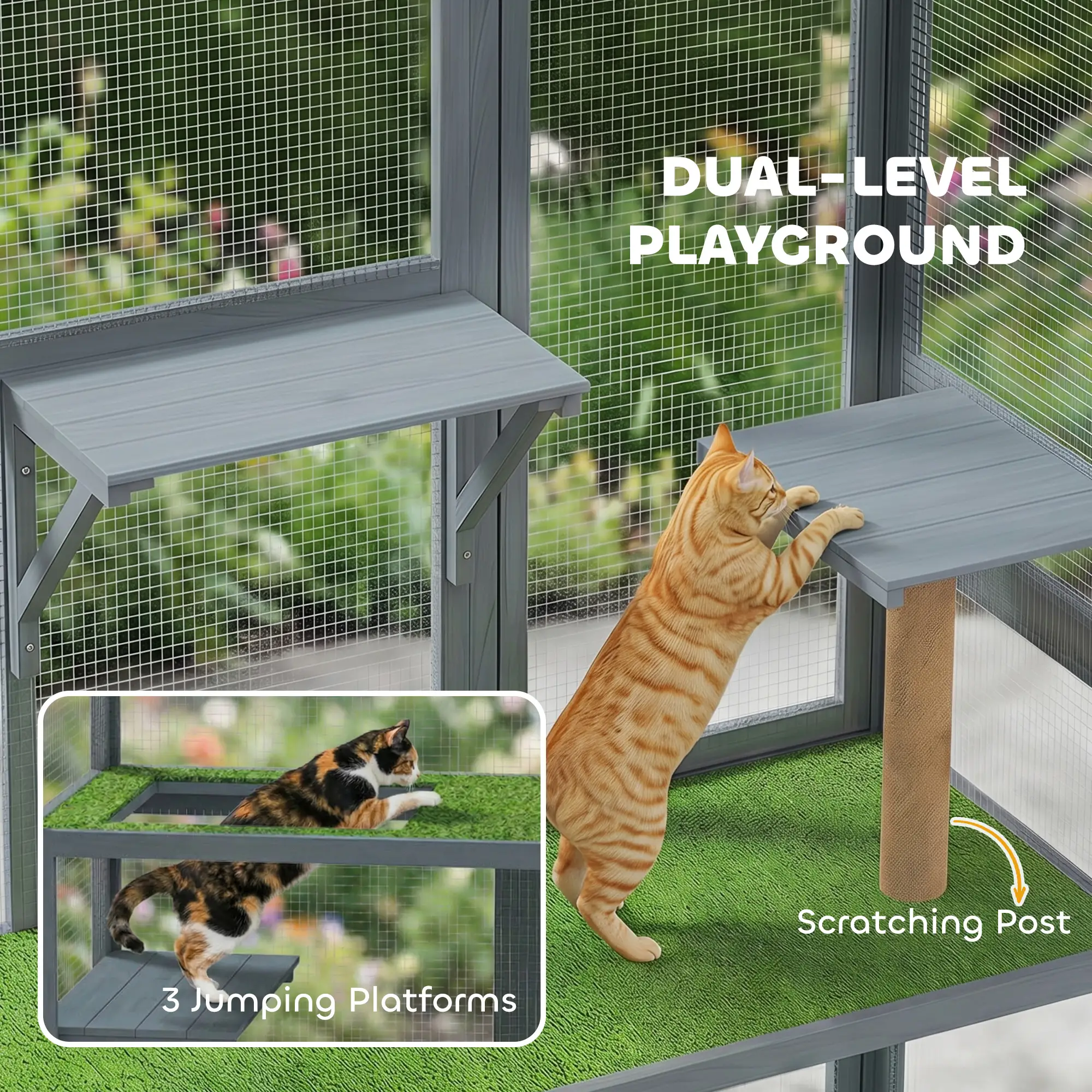 Wooden Catio, 77"H Cat House With Roof, Platforms, Scratching Post - Image 5