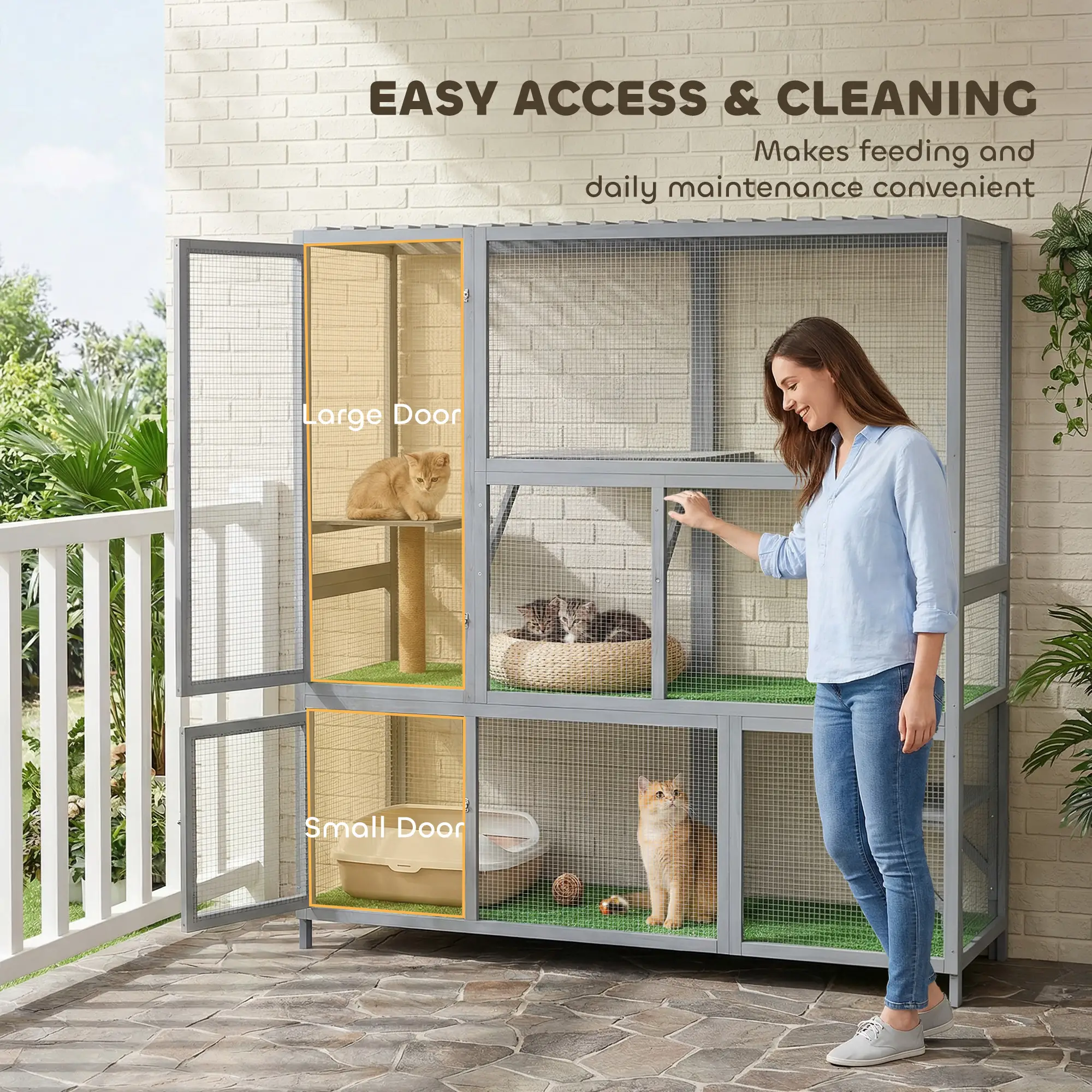 Wooden Catio, 77"H Cat House With Roof, Platforms, Scratching Post - Image 7
