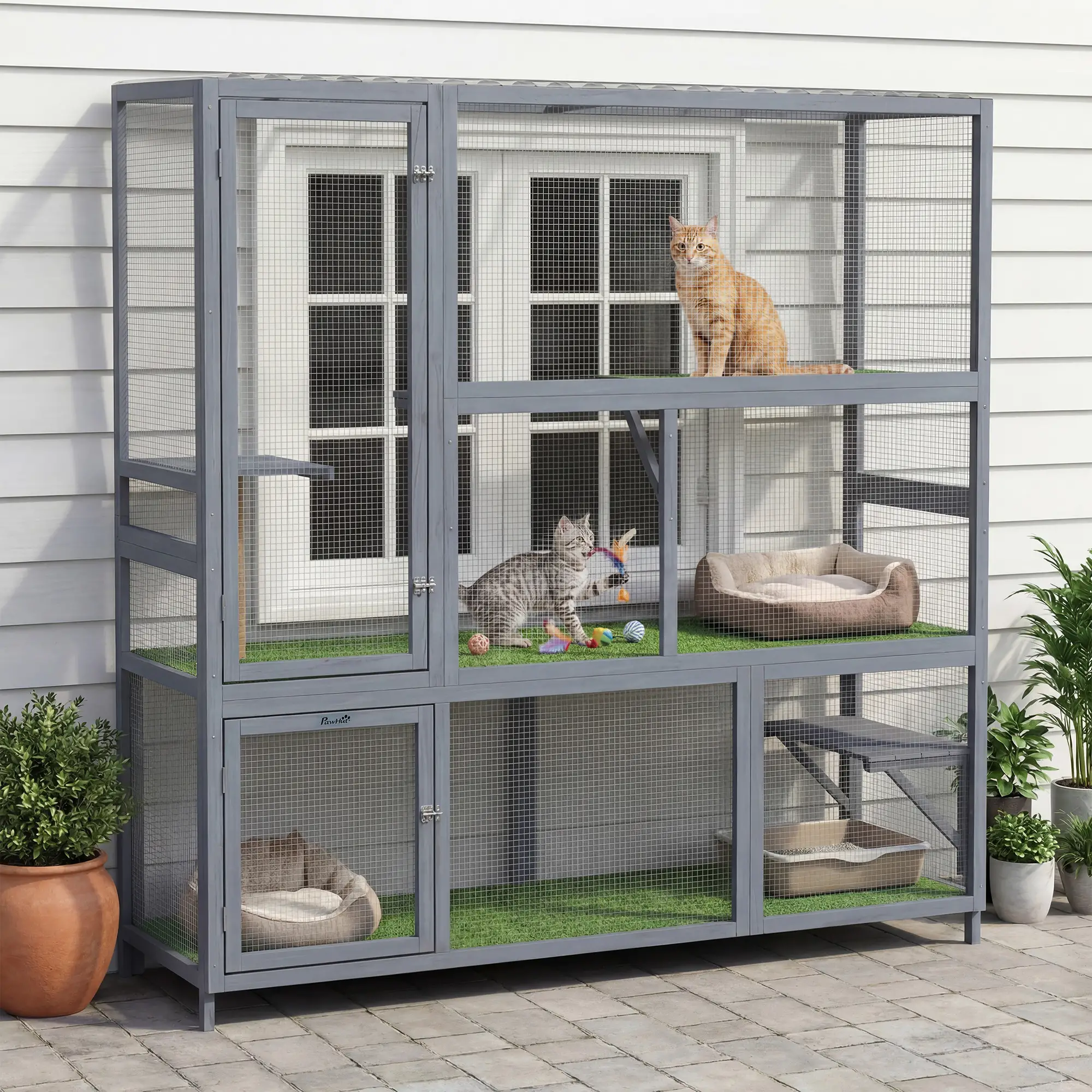 Wooden Catio, 77"H Cat House With Roof, Platforms, Scratching Post - Image 8