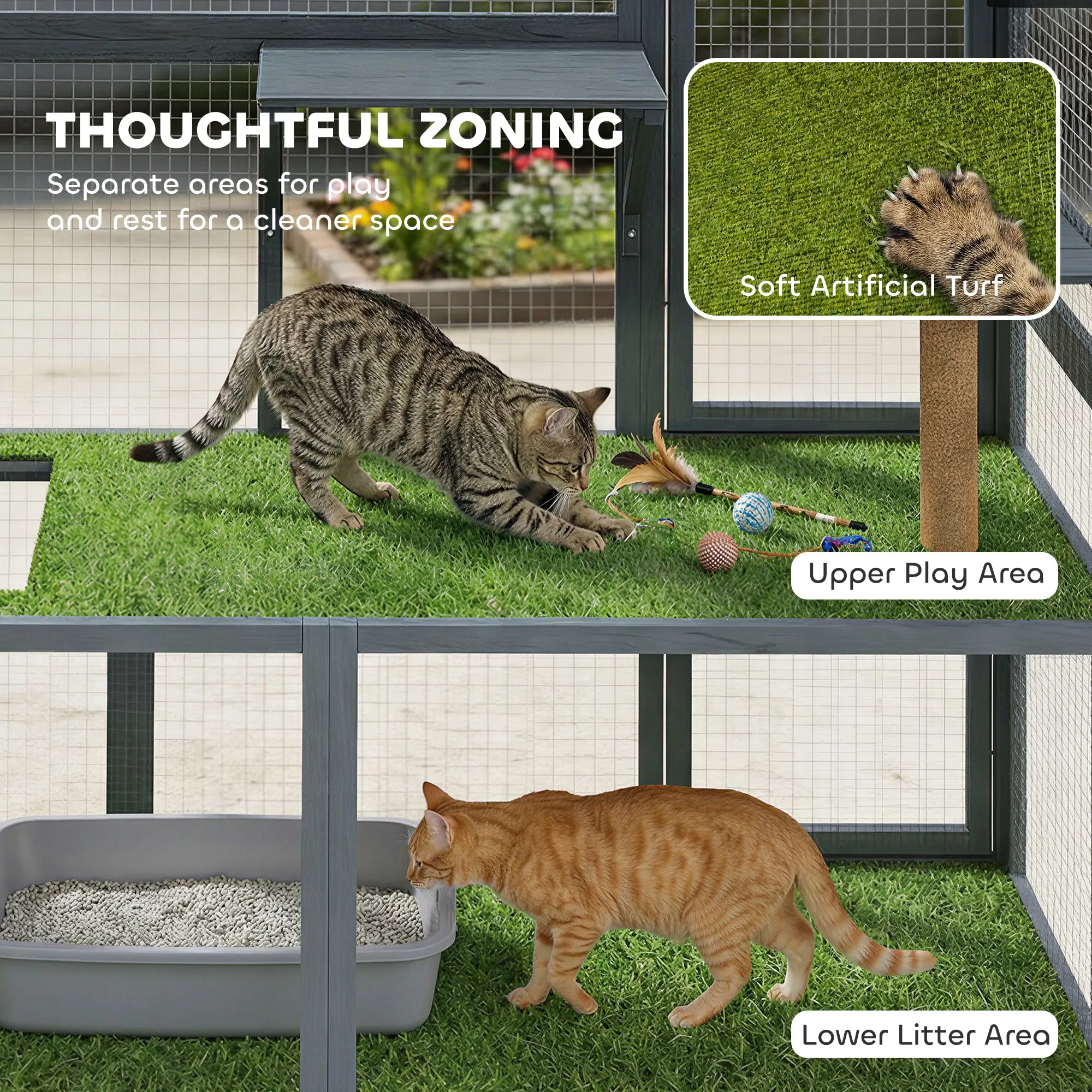 Wooden Catio, 77"H Cat House With Roof, Platforms, Scratching Post - Image 9