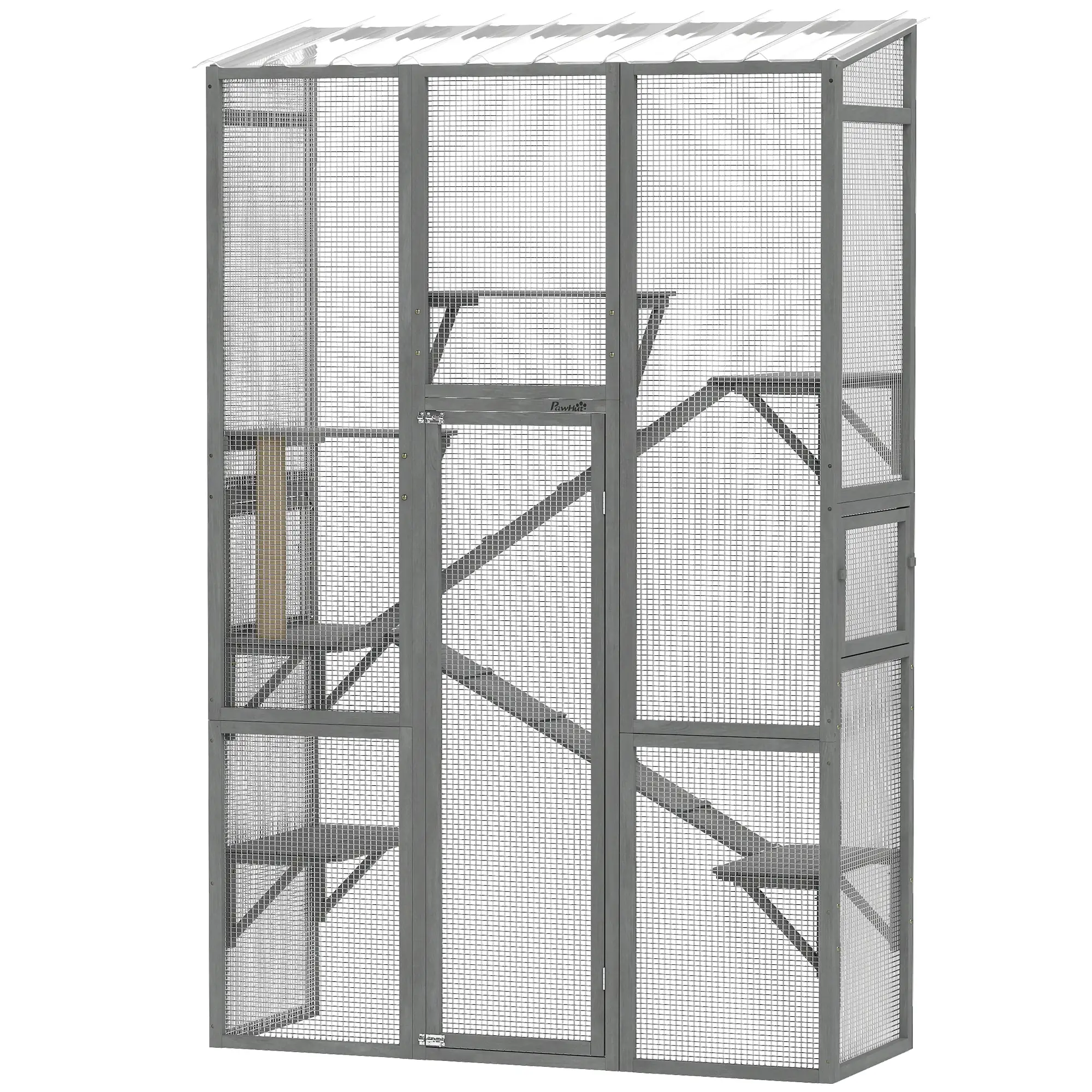 Wooden Catio Outdoor Cat Enclosure, 6 Jumping Platforms, Scratching Post, 2 Ramps, Waterproof Roof, Grey