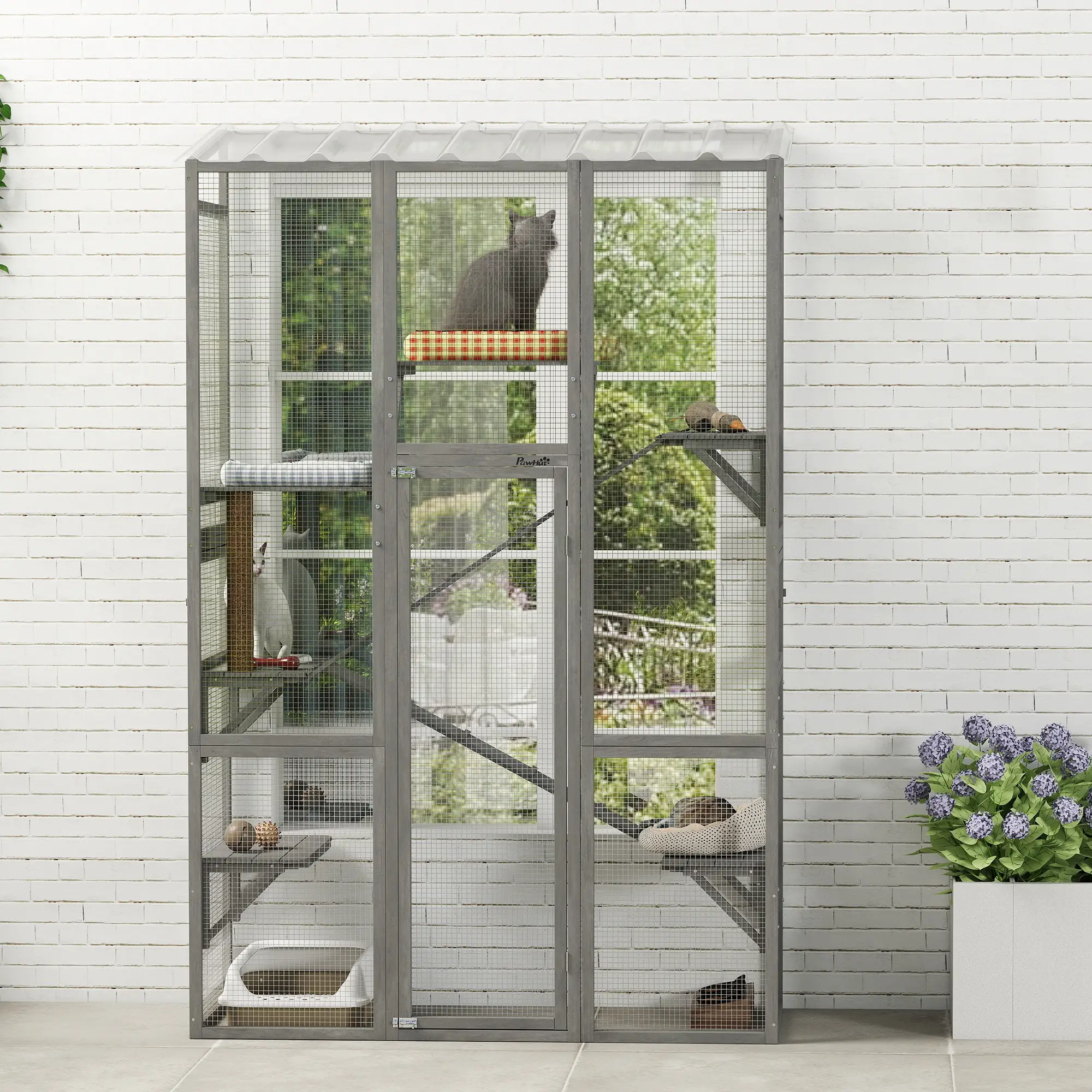 Wooden Catio Outdoor Cat Enclosure, 6 Jumping Platforms, Scratching Post, 2 Ramps, Waterproof Roof, Grey - Image 10