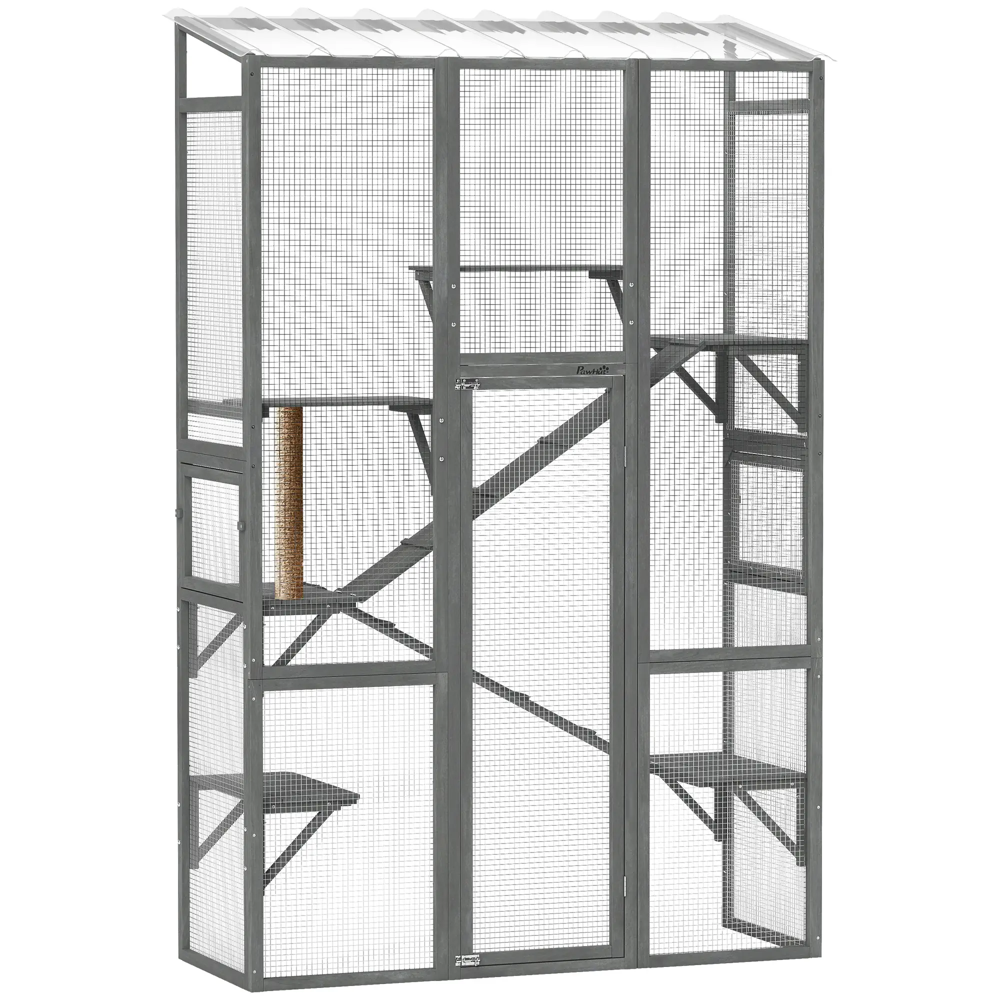 Wooden Catio Outdoor Cat Enclosure, 6 Jumping Platforms, Scratching Post, 2 Ramps, Waterproof Roof, Grey - Image 11