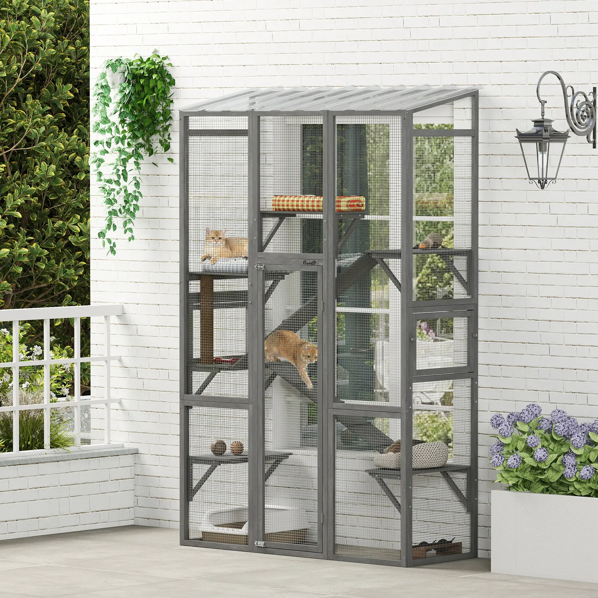 Wooden Catio Outdoor Cat Enclosure, 6 Jumping Platforms, Scratching Post, 2 Ramps, Waterproof Roof, Grey - Image 2