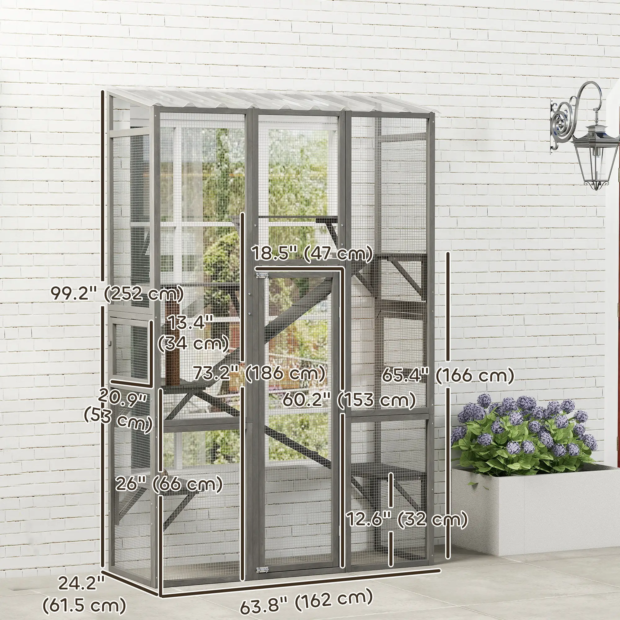 Wooden Catio Outdoor Cat Enclosure, 6 Jumping Platforms, Scratching Post, 2 Ramps, Waterproof Roof, Grey - Image 3