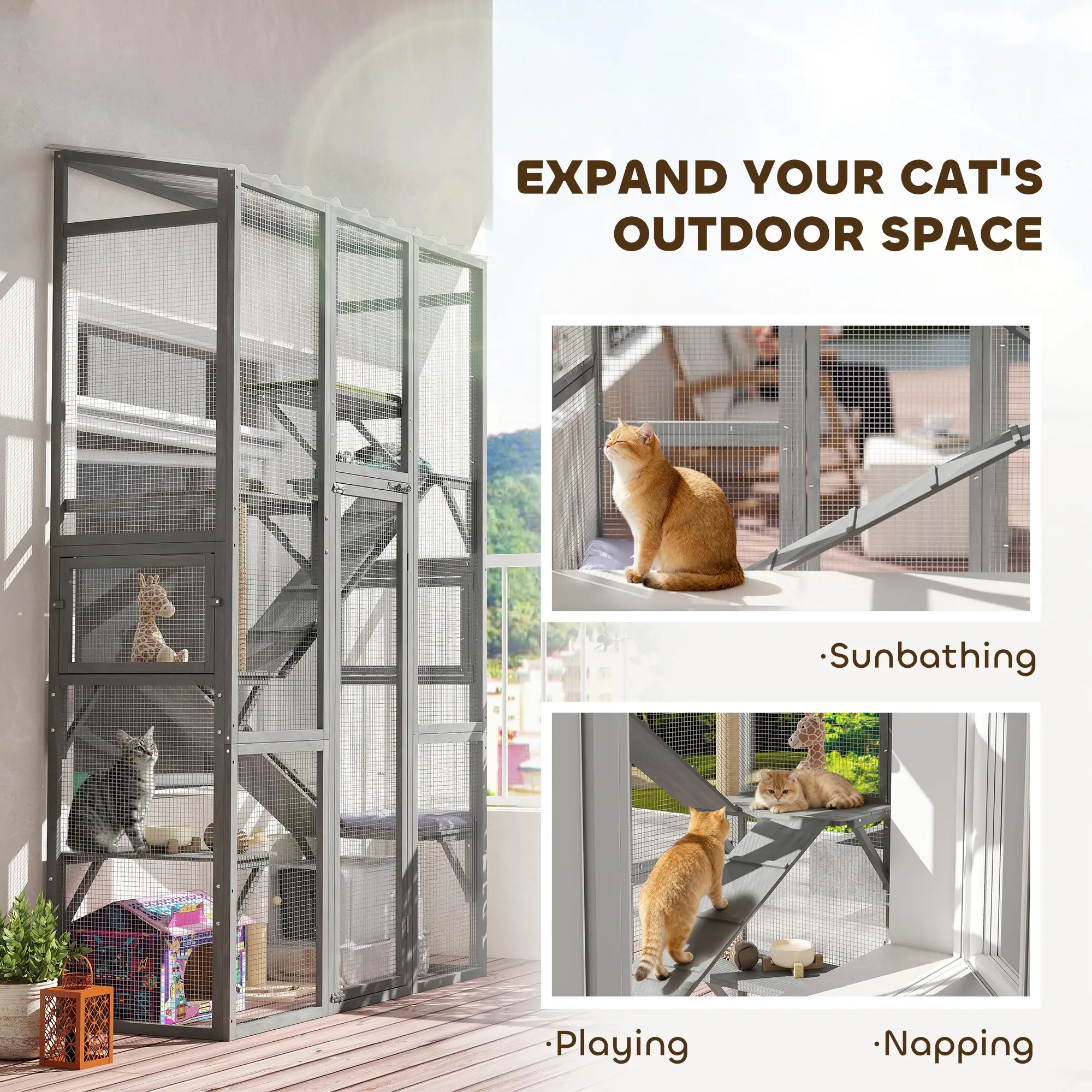 Wooden Catio Outdoor Cat Enclosure, 6 Jumping Platforms, Scratching Post, 2 Ramps, Waterproof Roof, Grey - Image 4