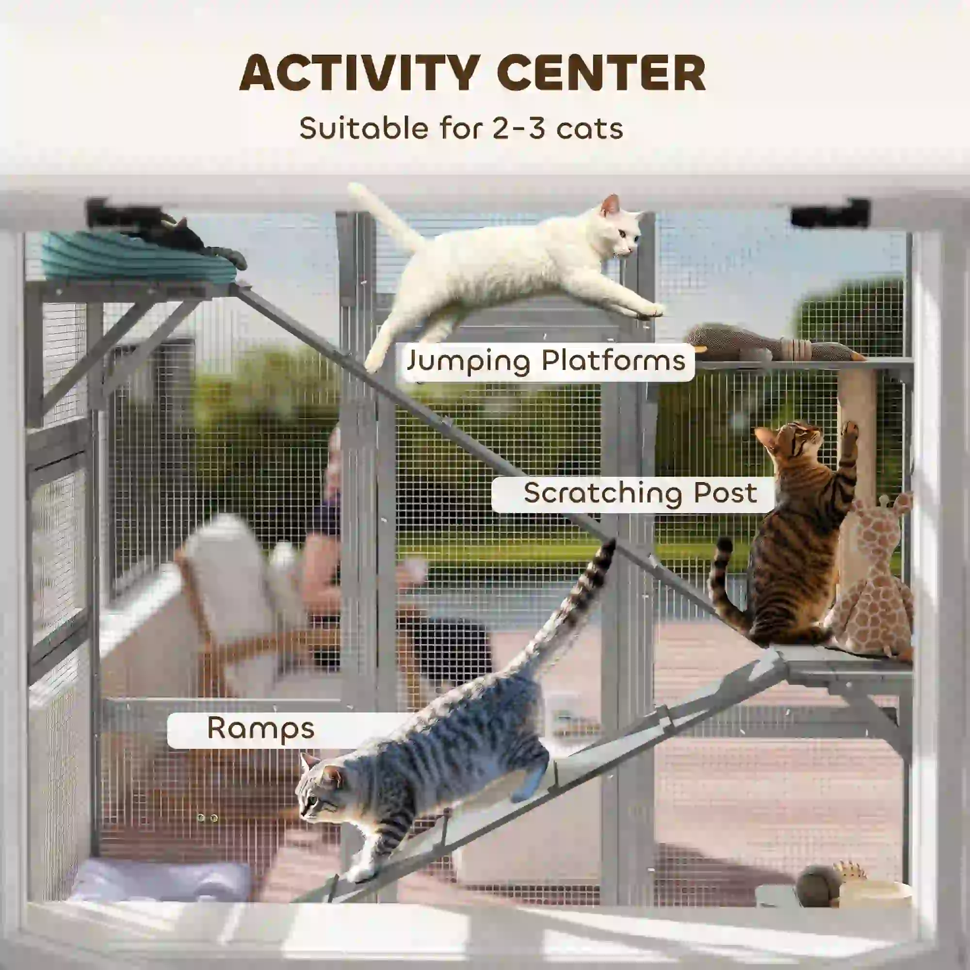 Wooden Catio Outdoor Cat Enclosure, 6 Jumping Platforms, Scratching Post, 2 Ramps, Waterproof Roof, Grey - Image 5