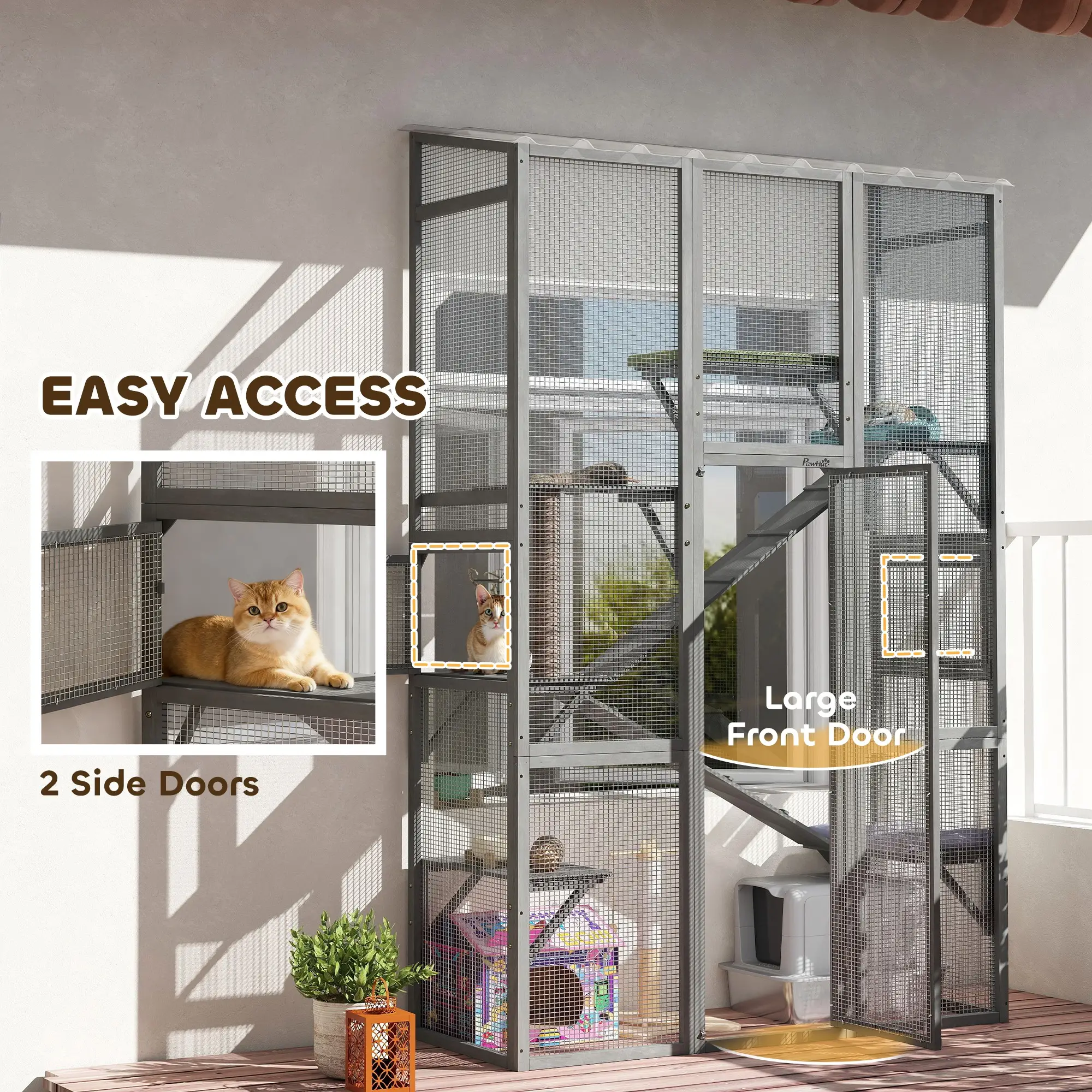 Wooden Catio Outdoor Cat Enclosure, 6 Jumping Platforms, Scratching Post, 2 Ramps, Waterproof Roof, Grey - Image 6