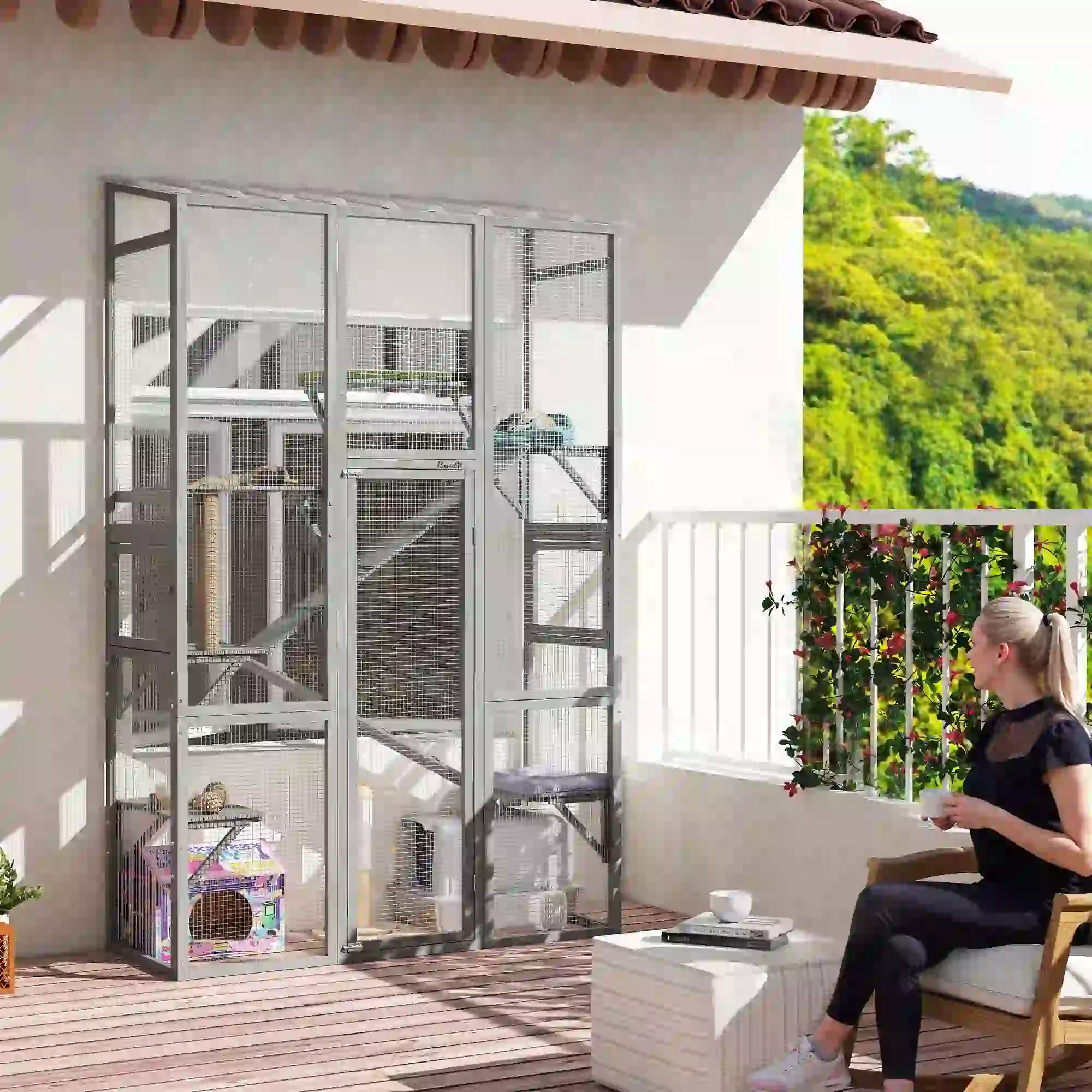 Wooden Catio Outdoor Cat Enclosure, 6 Jumping Platforms, Scratching Post, 2 Ramps, Waterproof Roof, Grey - Image 8