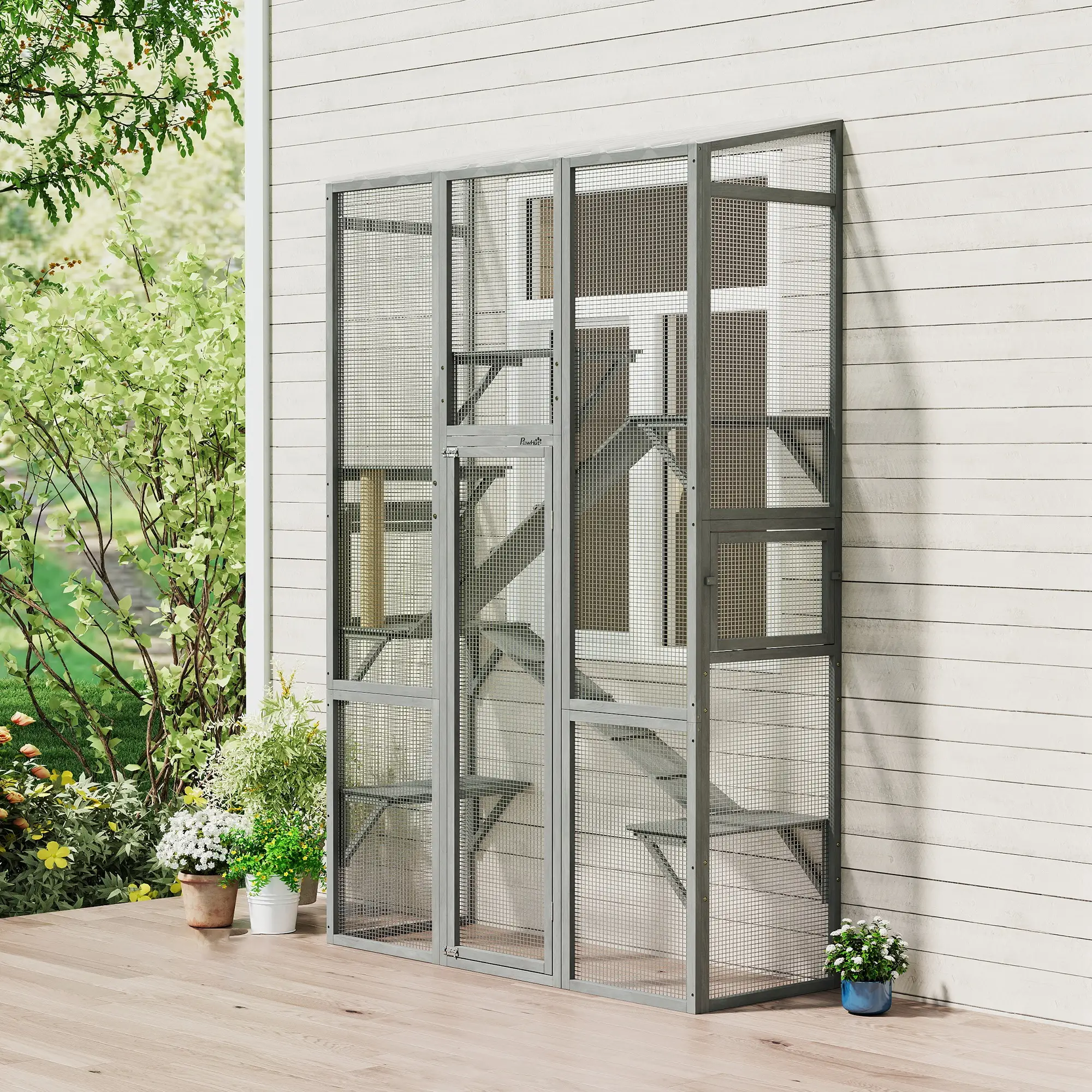 Wooden Catio Outdoor Cat Enclosure, 6 Jumping Platforms, Scratching Post, 2 Ramps, Waterproof Roof, Grey - Image 9