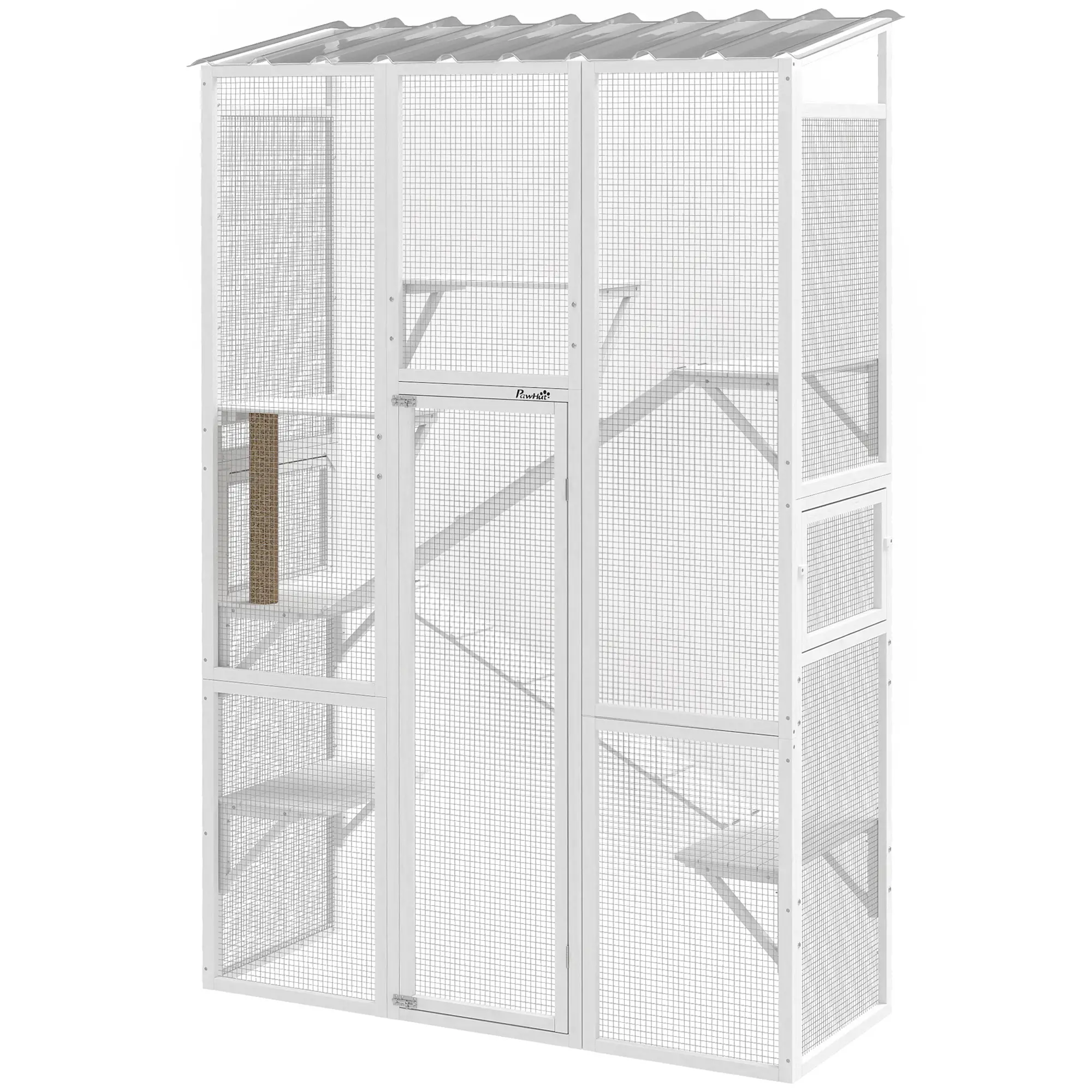 Wooden Catio Outdoor Cat Enclosure, 6 Platforms, Scratching Post, 2 Ramps, Waterproof Roof, White