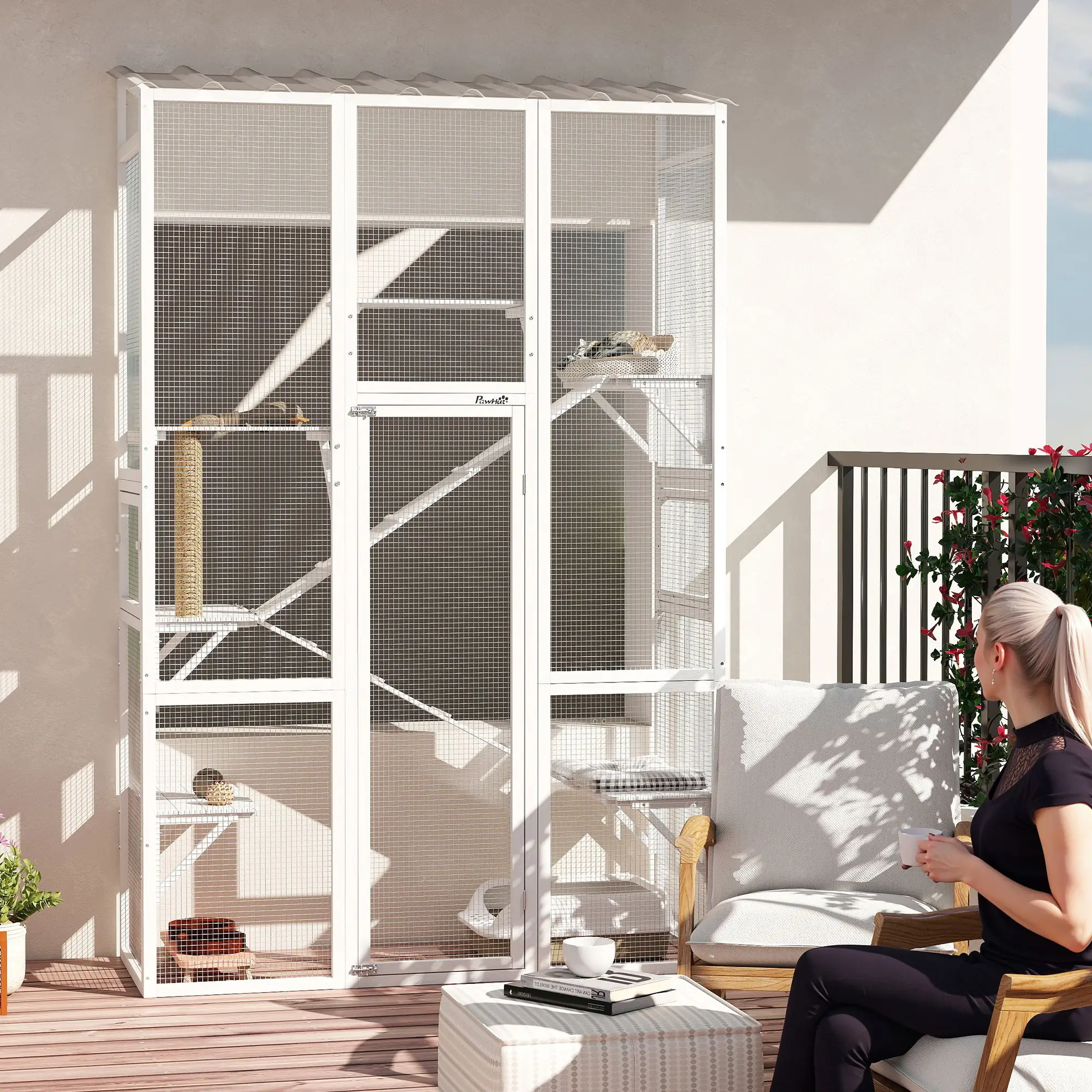 Wooden Catio Outdoor Cat Enclosure, 6 Platforms, Scratching Post, 2 Ramps, Waterproof Roof, White - Image 10